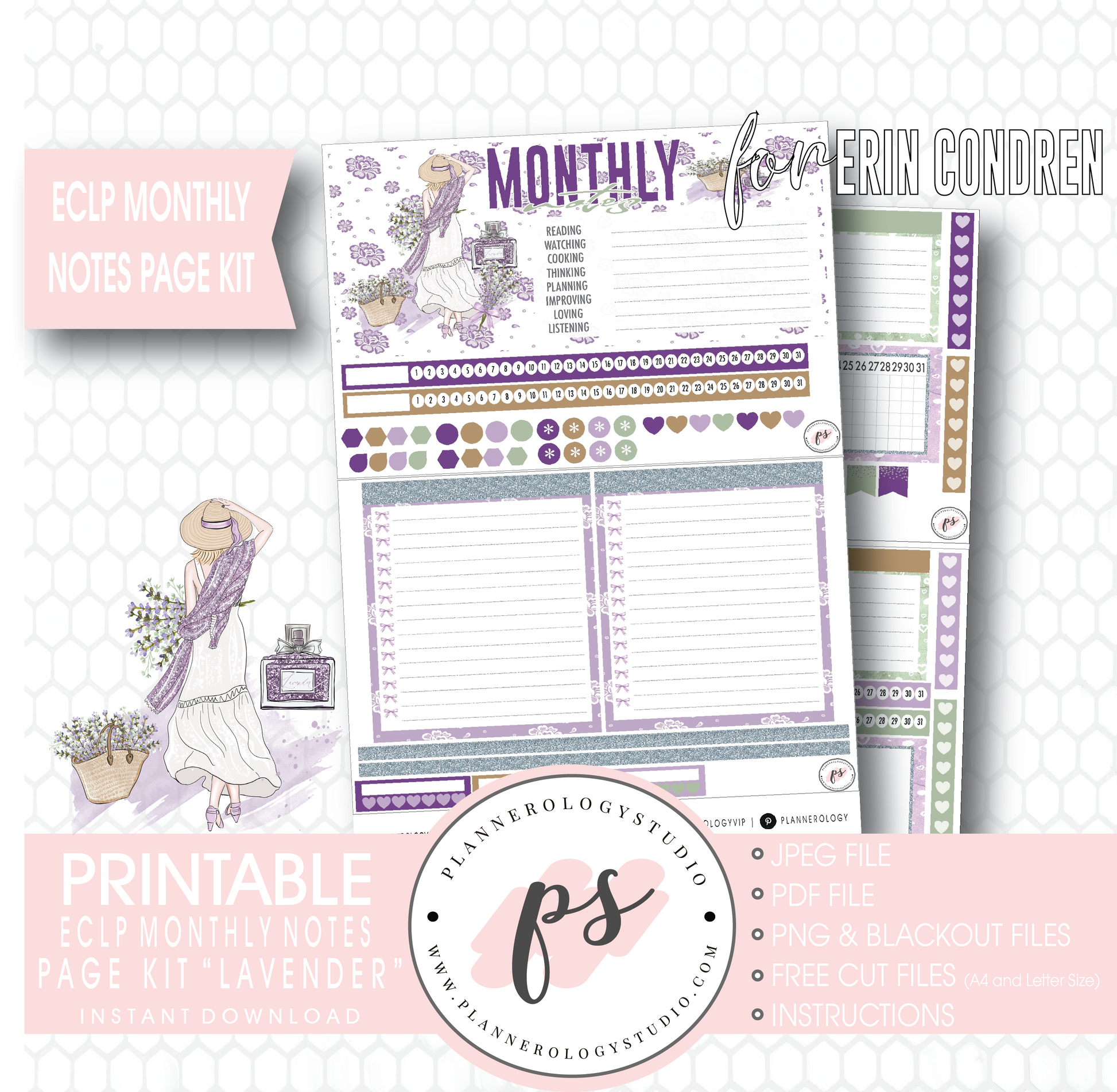 Lavender Monthly Notes Page Kit Digital Printable Planner Stickers (for use with Erin Condren) - Plannerologystudio