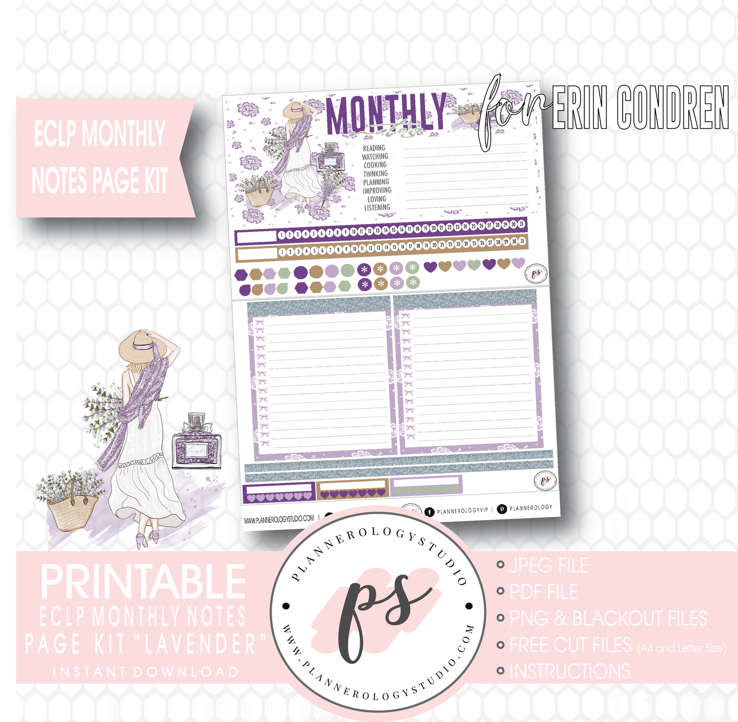 Lavender Monthly Notes Page Kit Digital Printable Planner Stickers (for use with Erin Condren) - Plannerologystudio