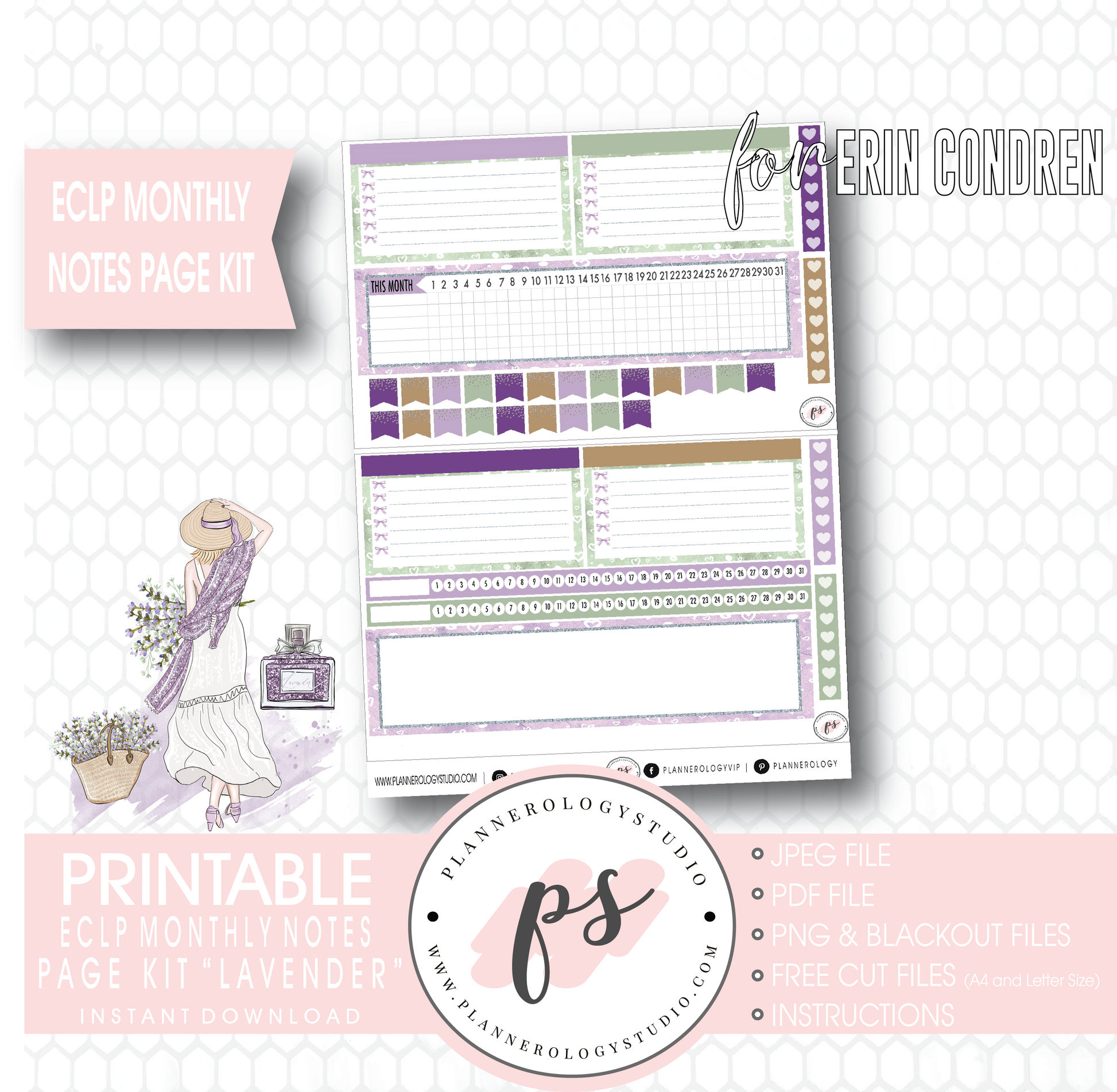 Lavender Monthly Notes Page Kit Digital Printable Planner Stickers (for use with Erin Condren) - Plannerologystudio