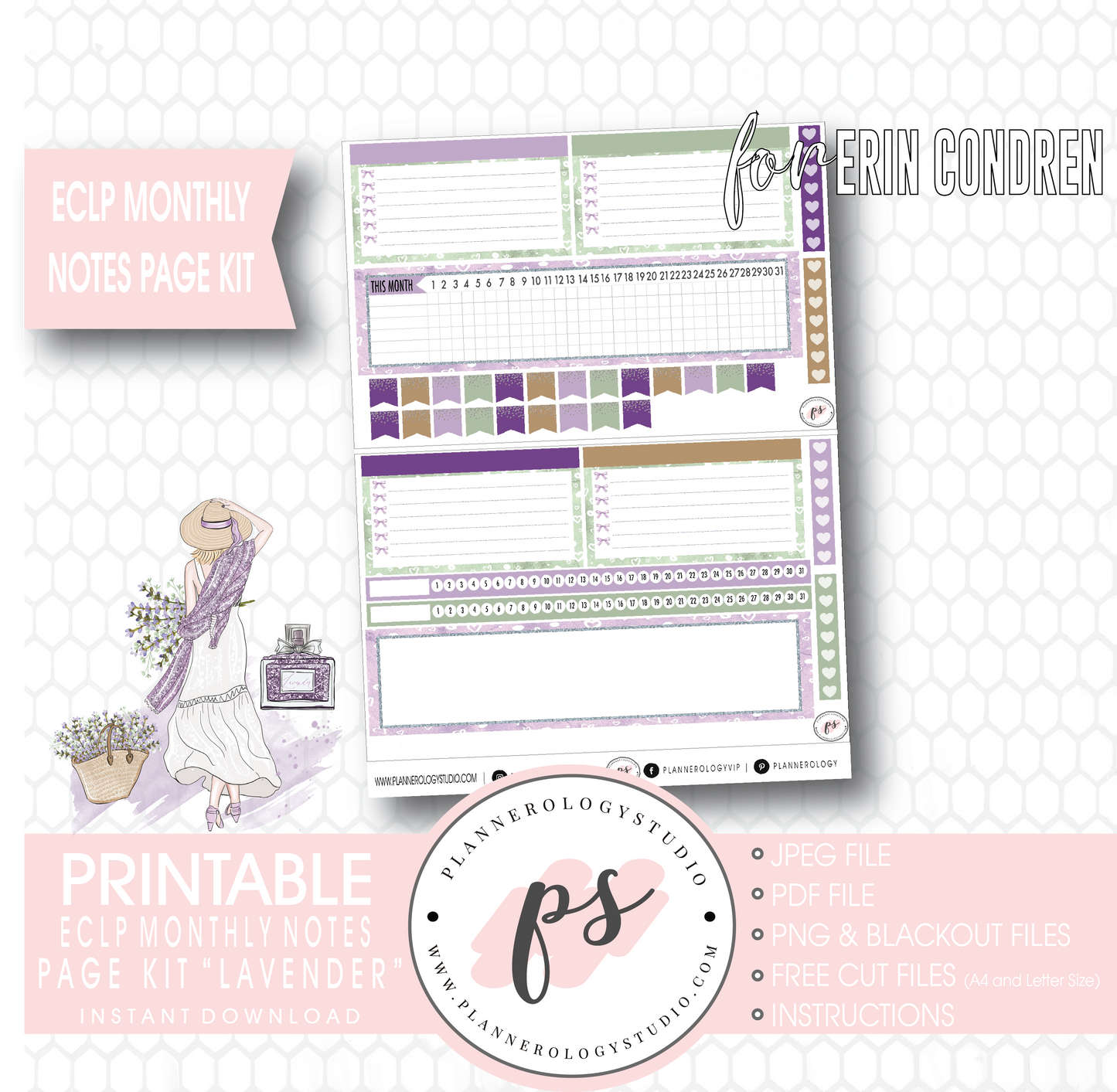 Lavender Monthly Notes Page Kit Digital Printable Planner Stickers (for use with Erin Condren) - Plannerologystudio