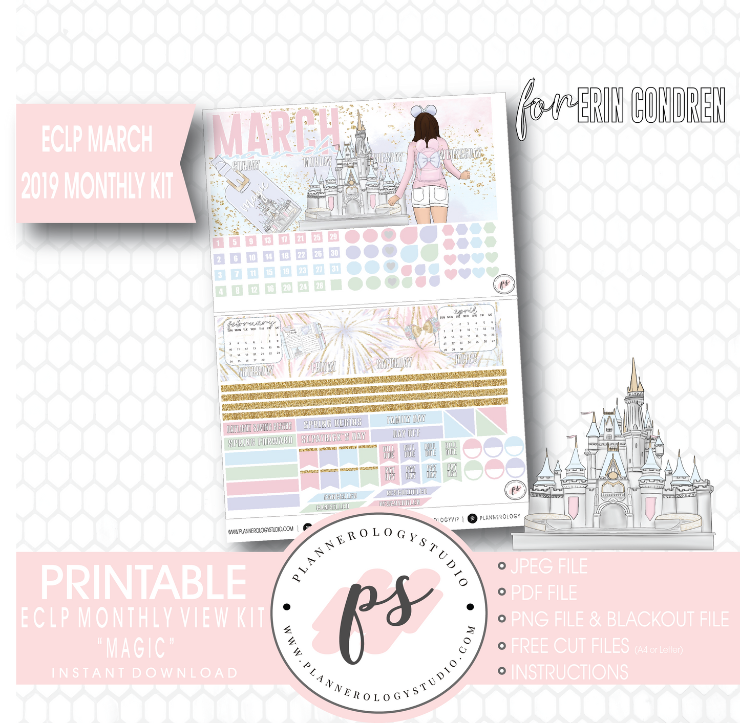 Magic (Disney Inspired) March 2019 Monthly View Kit Digital Printable Planner Stickers (for use with Erin Condren) - Plannerologystudio