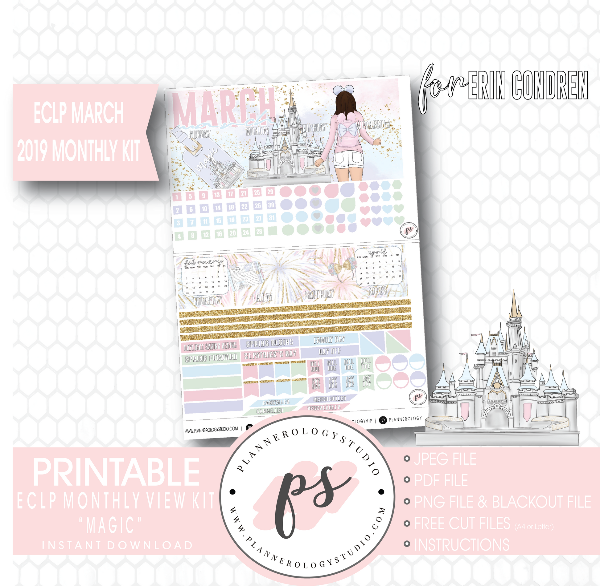 Magic (Disney Inspired) March 2019 Monthly View Kit Digital Printable Planner Stickers (for use with Erin Condren) - Plannerologystudio