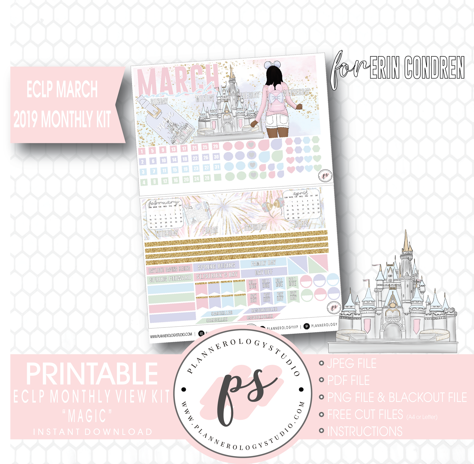 Magic (Disney Inspired) March 2019 Monthly View Kit Digital Printable Planner Stickers (for use with Erin Condren) - Plannerologystudio