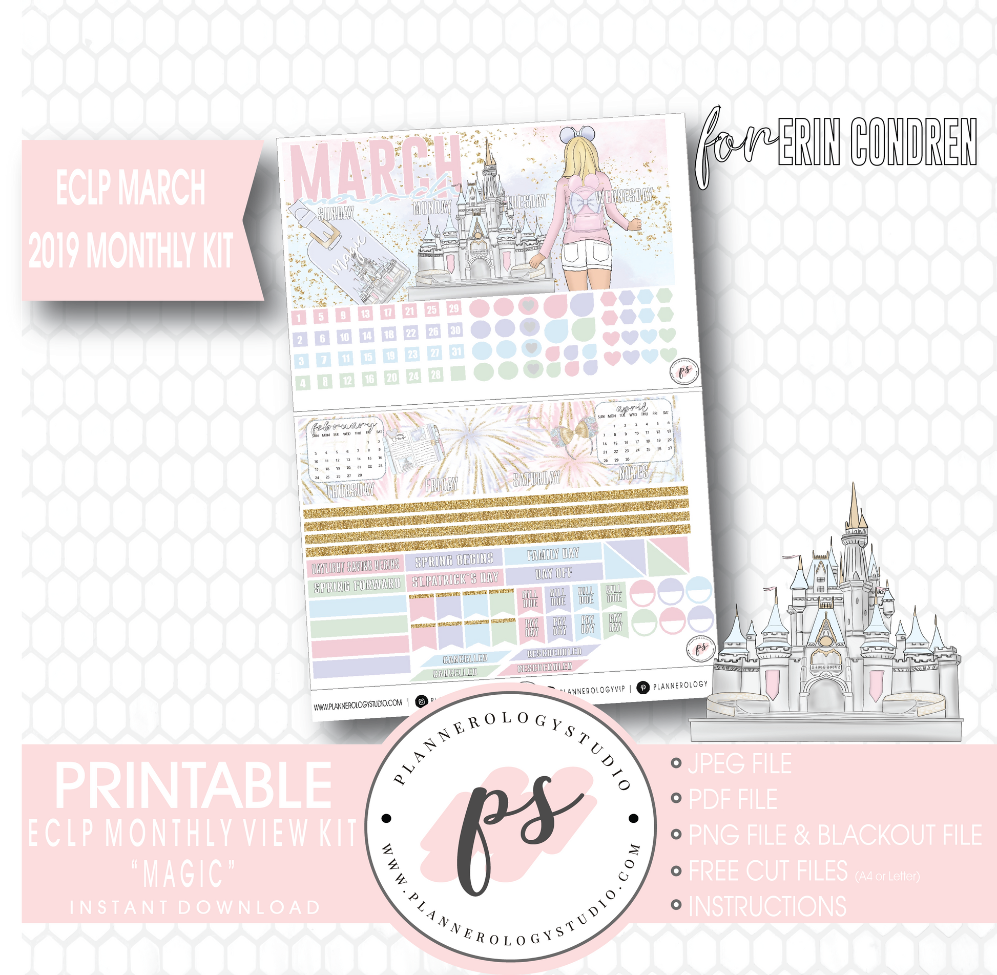 Magic (Disney Inspired) March 2019 Monthly View Kit Digital Printable Planner Stickers (for use with Erin Condren) - Plannerologystudio