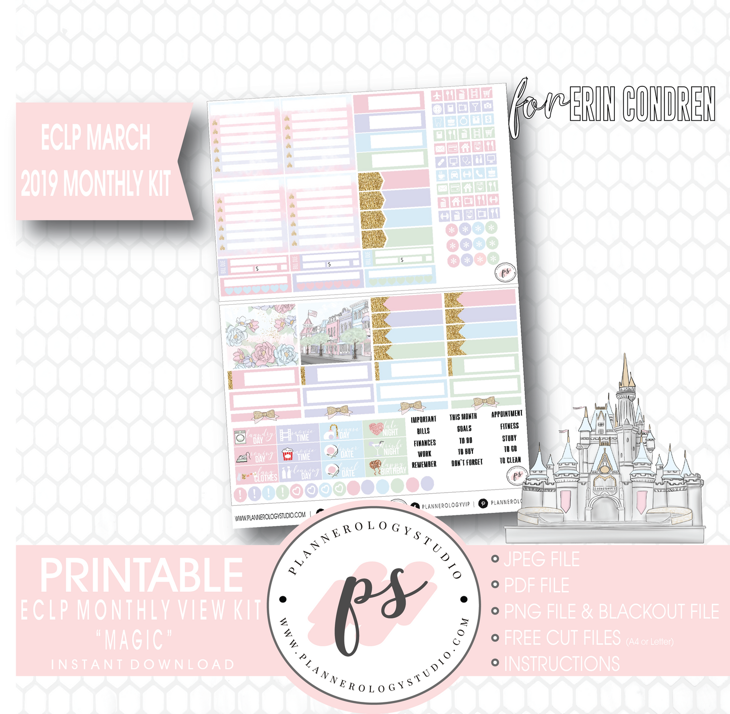 Magic (Disney Inspired) March 2019 Monthly View Kit Digital Printable Planner Stickers (for use with Erin Condren) - Plannerologystudio