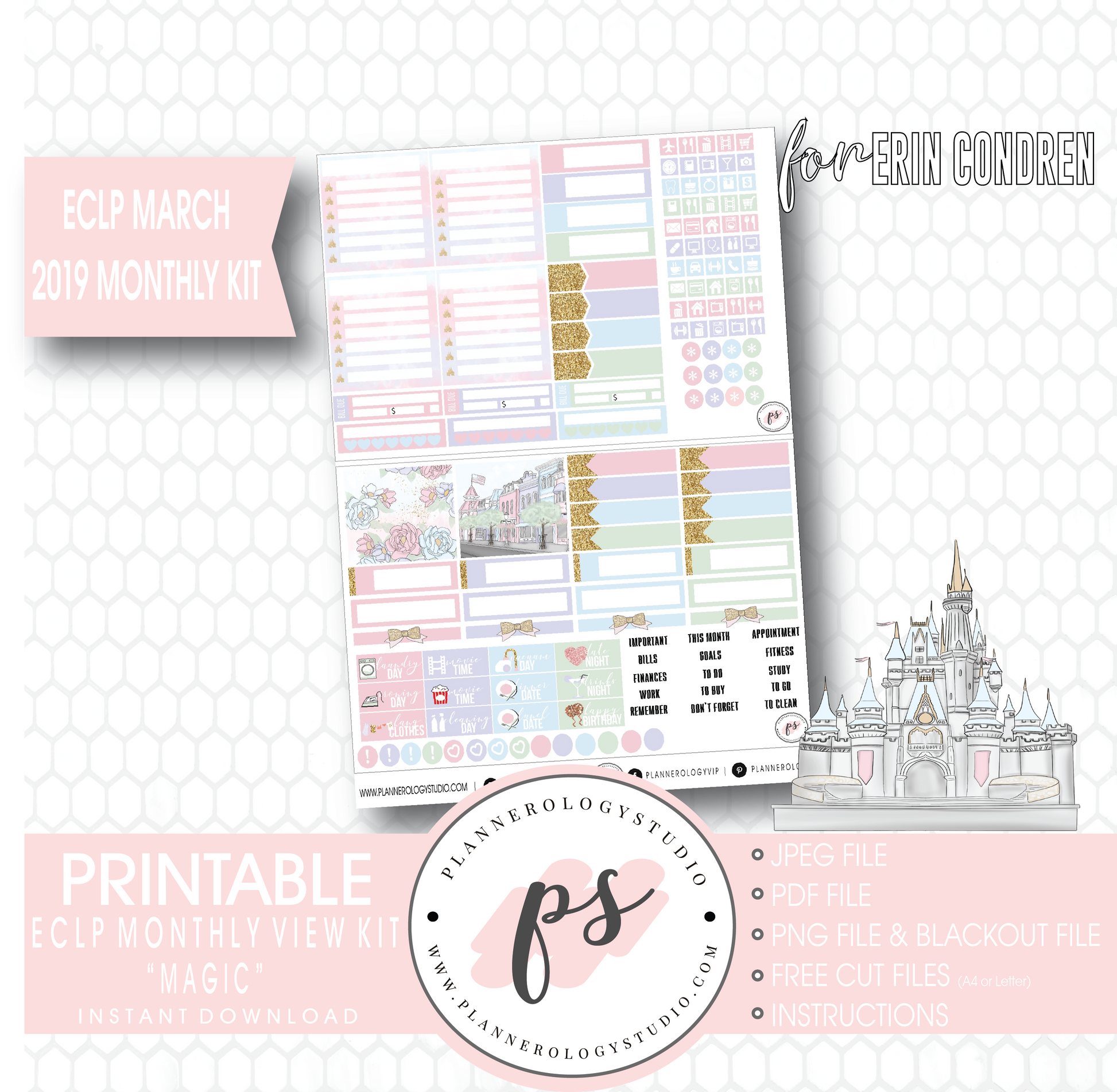 Magic (Disney Inspired) March 2019 Monthly View Kit Digital Printable Planner Stickers (for use with Erin Condren) - Plannerologystudio