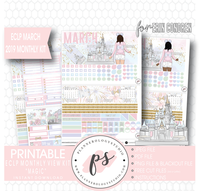 Magic (Disney Inspired) March 2019 Monthly View Kit Digital Printable Planner Stickers (for use with Erin Condren) - Plannerologystudio