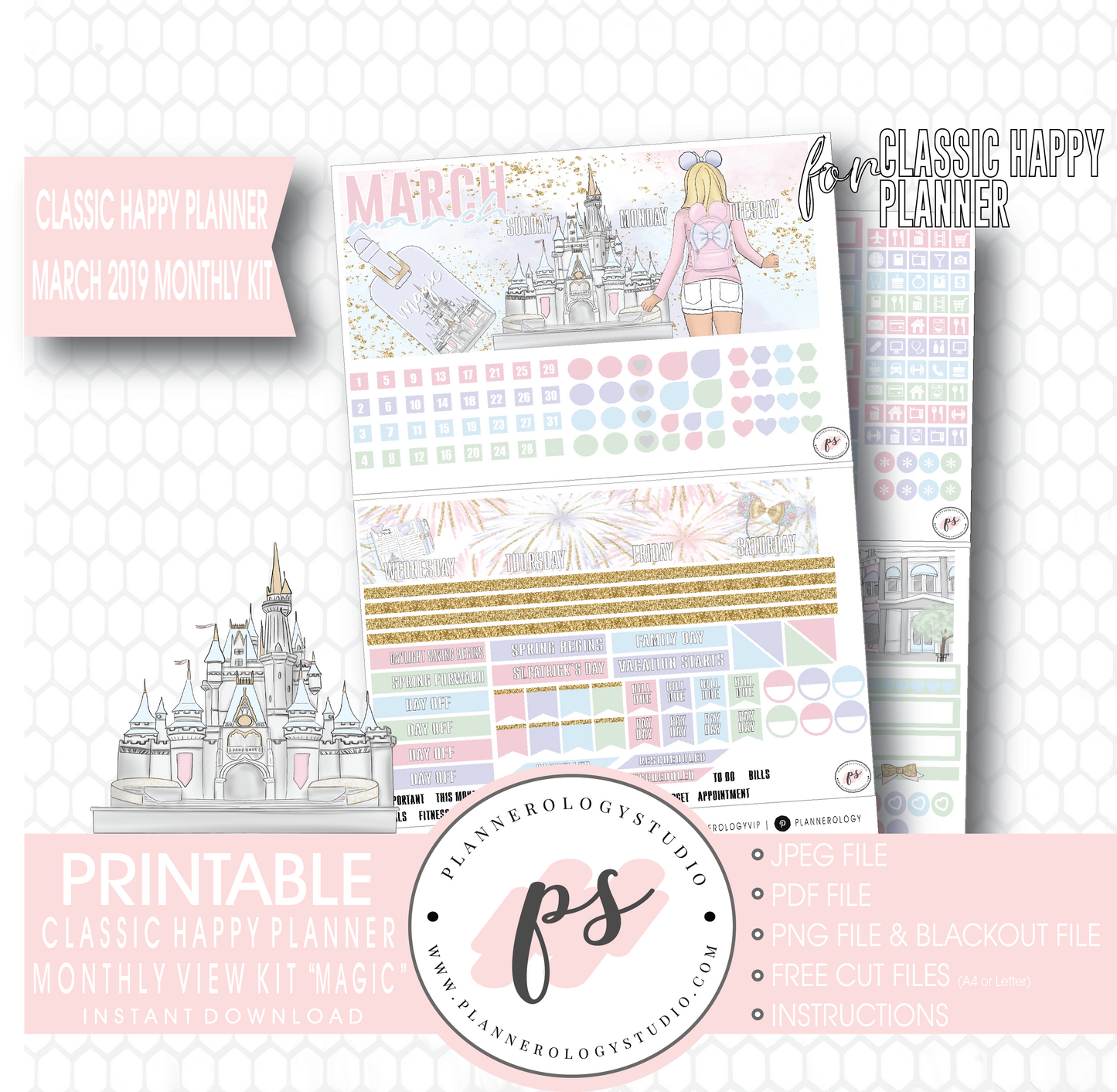 Magic (Disney Inspired) March 2019 Monthly View Kit Digital Printable Planner Stickers (for use with Classic Happy Planner) (Undated) - Plannerologystudio