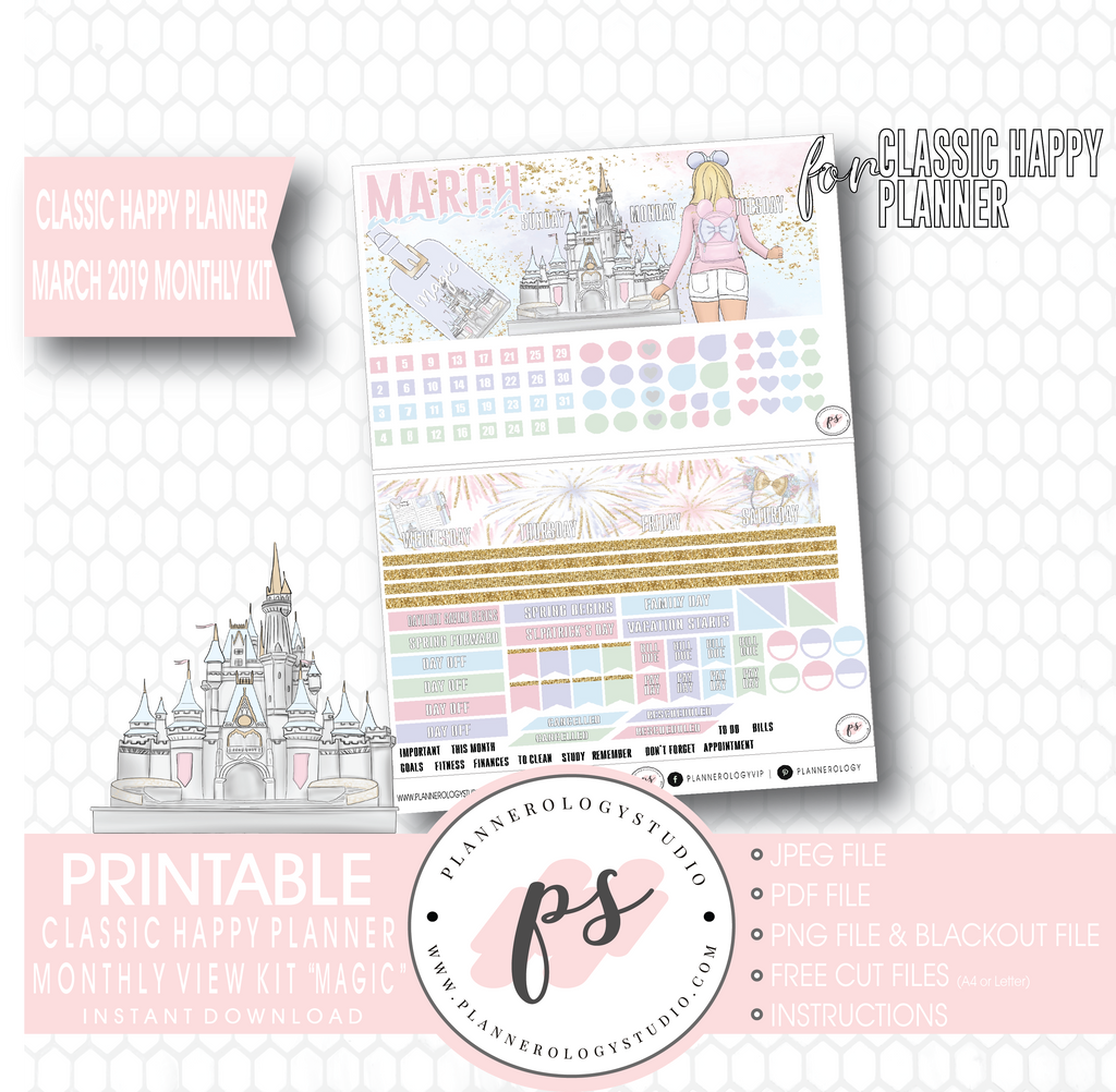 Magic (Disney Inspired) March 2019 Monthly View Kit Digital Printable Planner Stickers (for use with Classic Happy Planner) (Undated) - Plannerologystudio