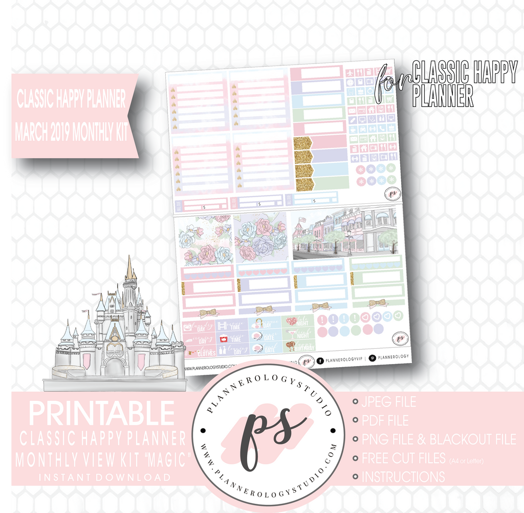 Magic (Disney Inspired) March 2019 Monthly View Kit Digital Printable Planner Stickers (for use with Classic Happy Planner) (Undated) - Plannerologystudio
