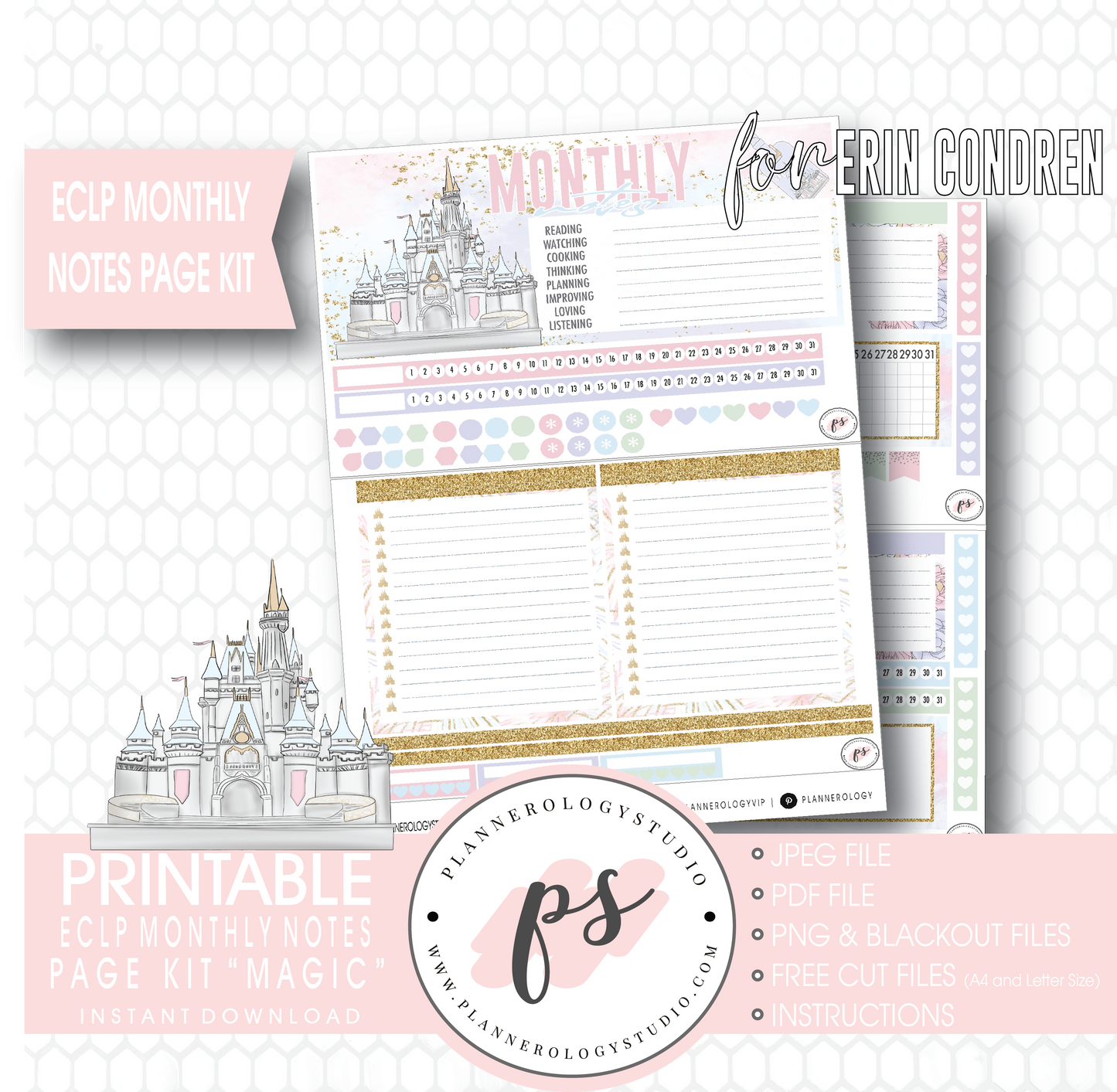 Magic (Disney Inspired) Monthly Notes Page Kit Digital Printable Planner Stickers (for use with Erin Condren) - Plannerologystudio