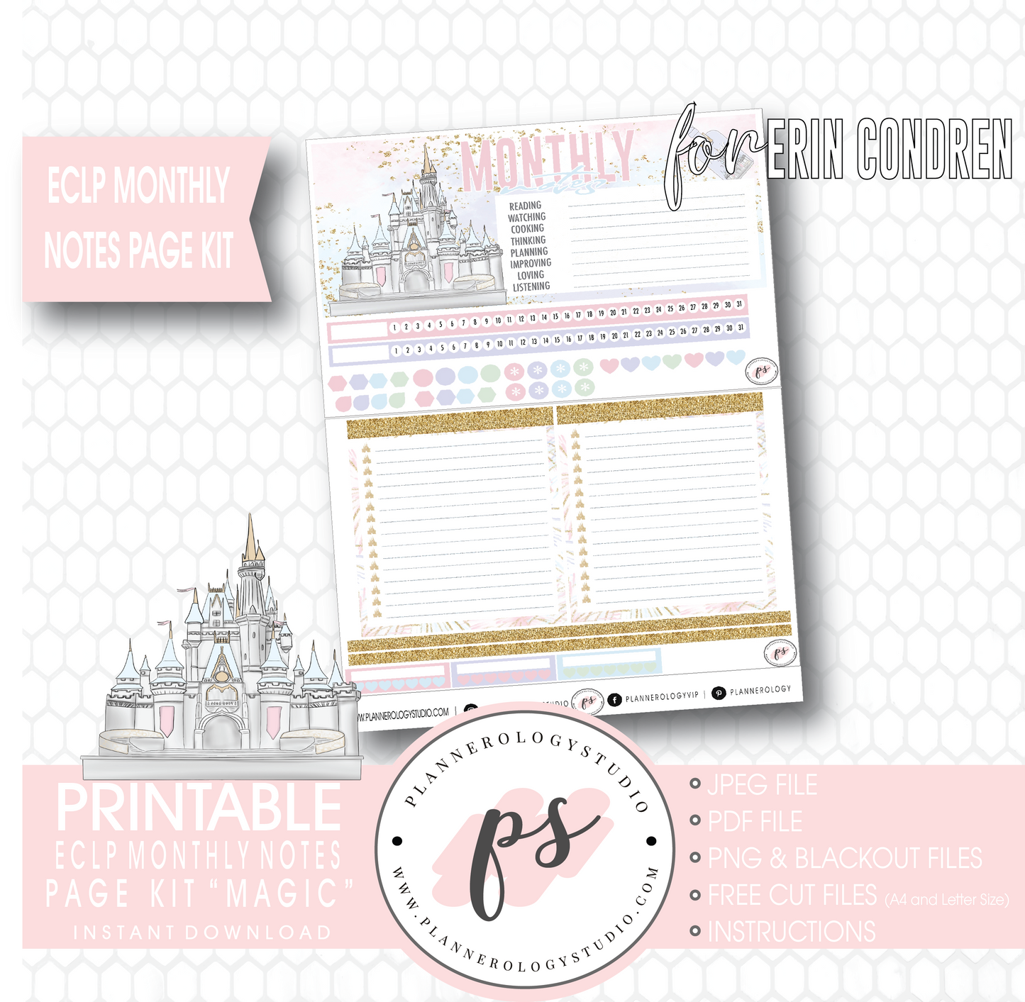 Magic (Disney Inspired) Monthly Notes Page Kit Digital Printable Planner Stickers (for use with Erin Condren) - Plannerologystudio