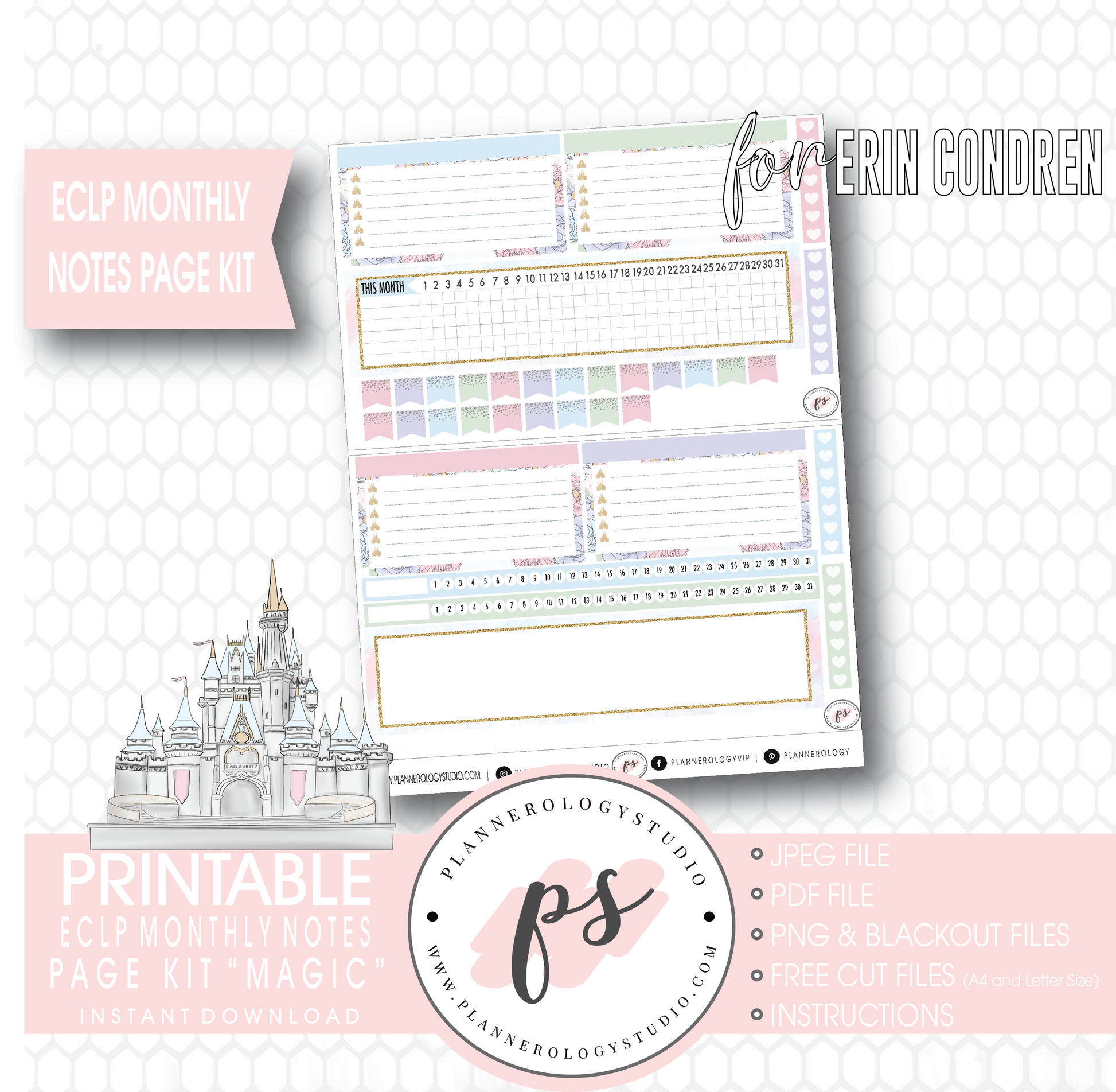 Magic (Disney Inspired) Monthly Notes Page Kit Digital Printable Planner Stickers (for use with Erin Condren) - Plannerologystudio