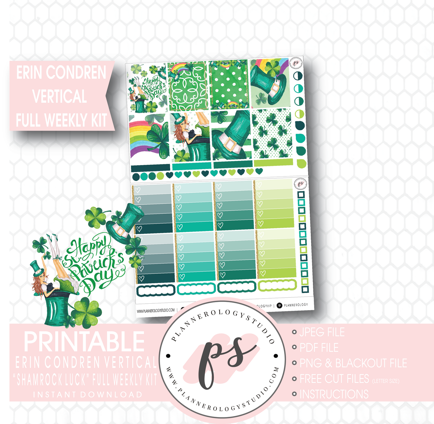 Shamrock Luck (St Patrick's Day) Full Weekly Kit Printable Planner Stickers (for use with Erin Condren Vertical) - Plannerologystudio