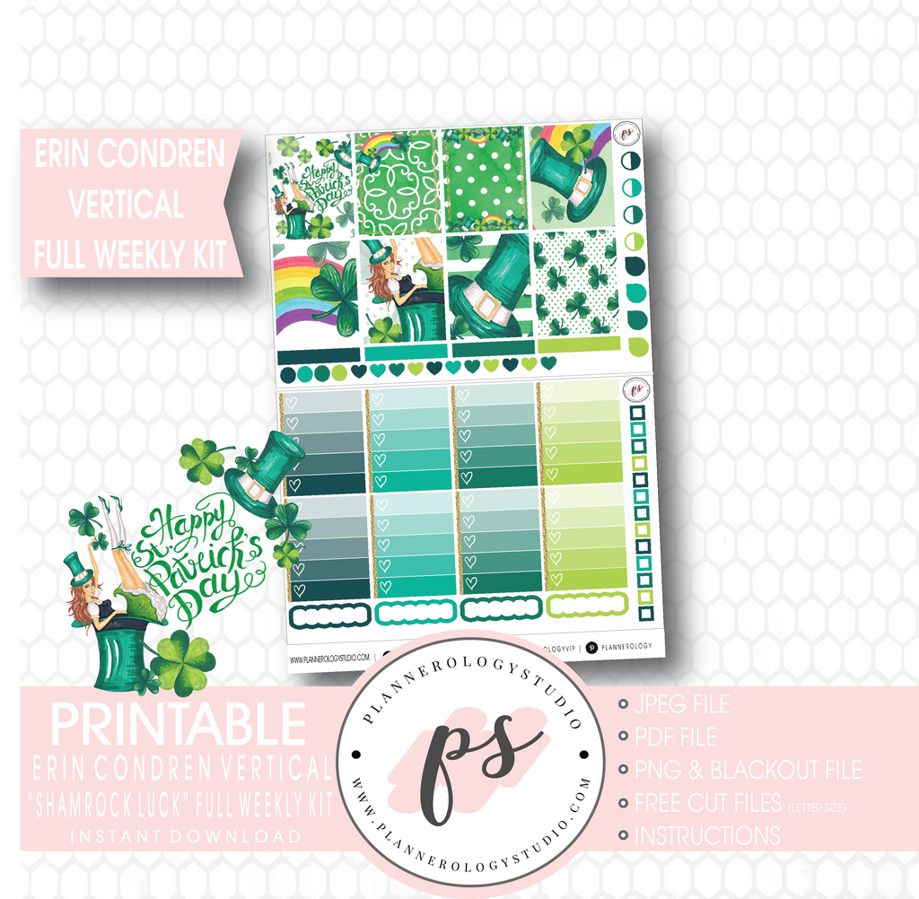 Shamrock Luck (St Patrick's Day) Full Weekly Kit Printable Planner Stickers (for use with Erin Condren Vertical) - Plannerologystudio
