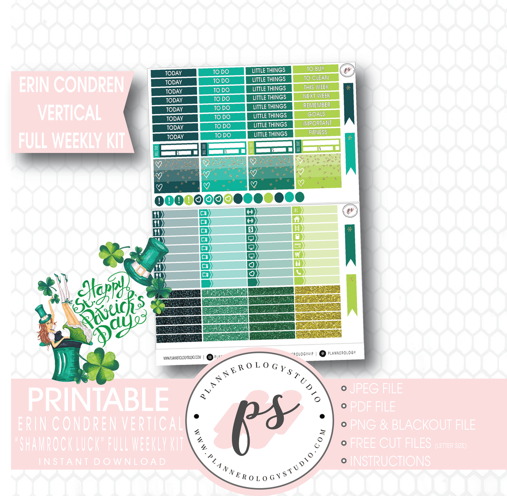 Shamrock Luck (St Patrick's Day) Full Weekly Kit Printable Planner Stickers (for use with Erin Condren Vertical) - Plannerologystudio