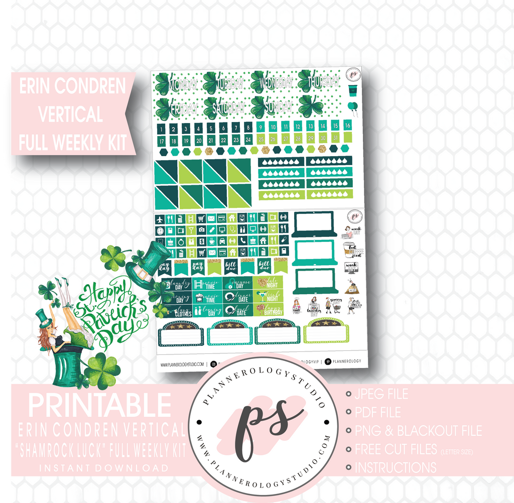 Shamrock Luck (St Patrick's Day) Full Weekly Kit Printable Planner Stickers (for use with Erin Condren Vertical) - Plannerologystudio