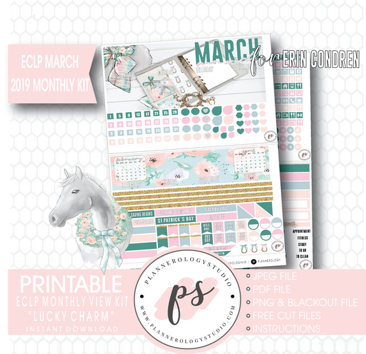 Lucky Charm St Patrick's Day March 2019 Monthly View Kit Digital Printable Planner Stickers (for use with Erin Condren) - Plannerologystudio
