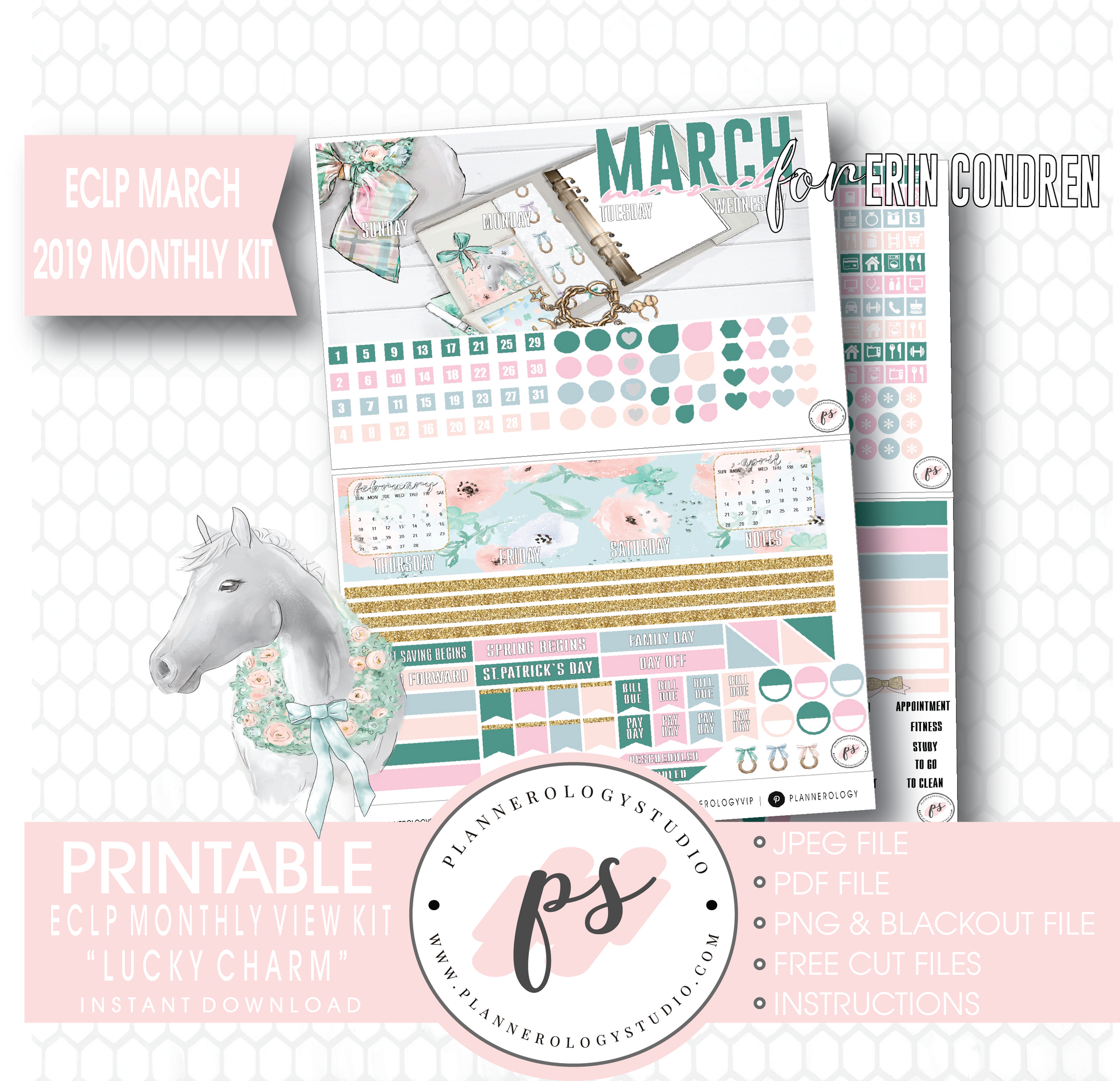 Lucky Charm St Patrick's Day March 2019 Monthly View Kit Digital Printable Planner Stickers (for use with Erin Condren) - Plannerologystudio