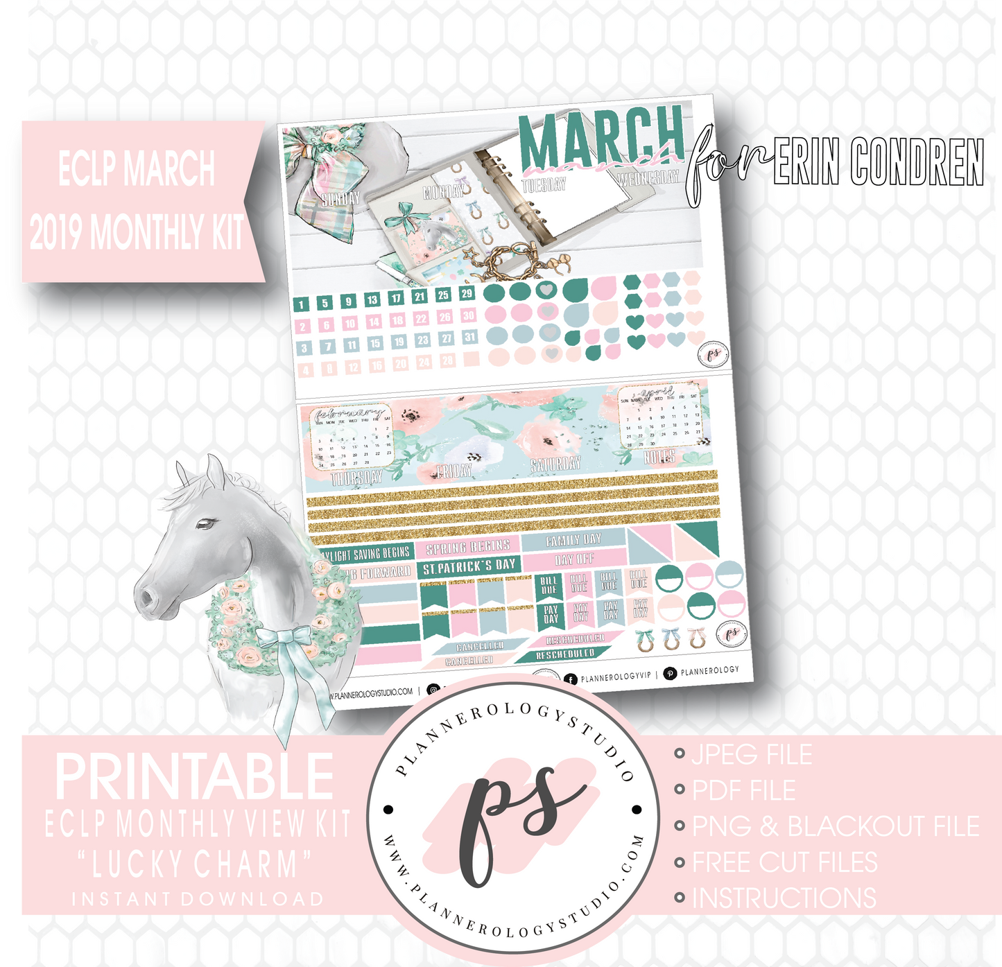 Lucky Charm St Patrick's Day March 2019 Monthly View Kit Digital Printable Planner Stickers (for use with Erin Condren) - Plannerologystudio