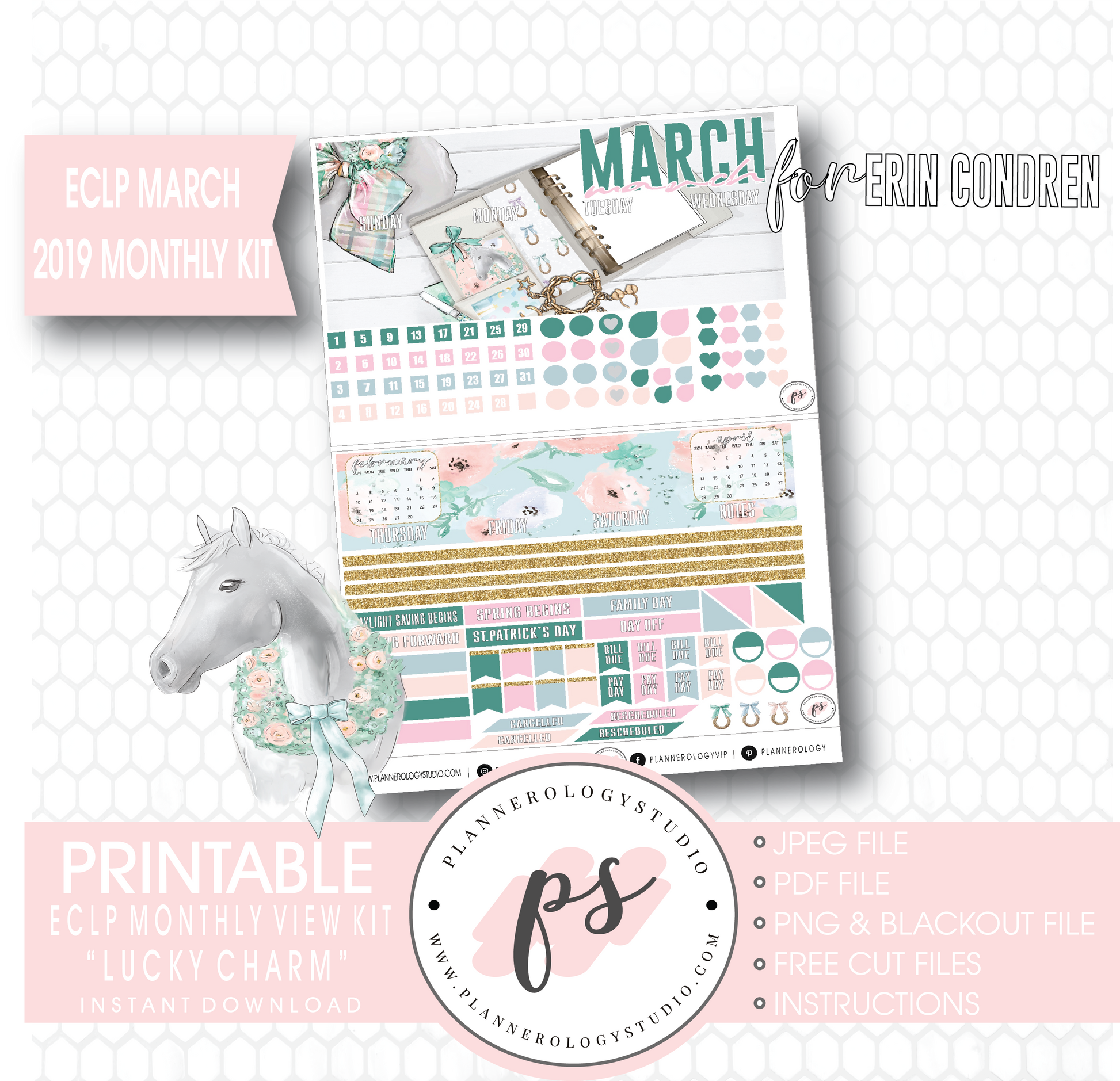 Lucky Charm St Patrick's Day March 2019 Monthly View Kit Digital Printable Planner Stickers (for use with Erin Condren) - Plannerologystudio