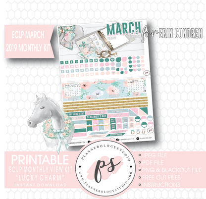 Lucky Charm St Patrick's Day March 2019 Monthly View Kit Digital Printable Planner Stickers (for use with Erin Condren) - Plannerologystudio