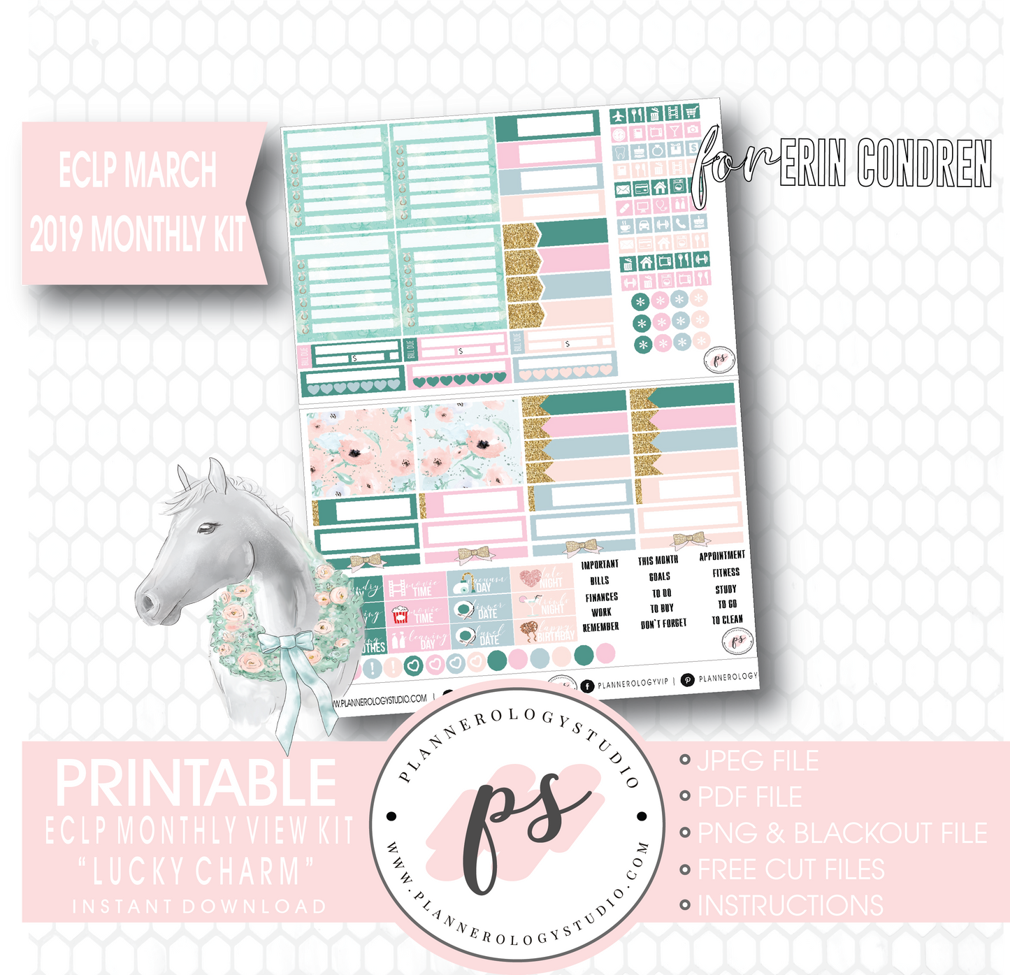Lucky Charm St Patrick's Day March 2019 Monthly View Kit Digital Printable Planner Stickers (for use with Erin Condren) - Plannerologystudio