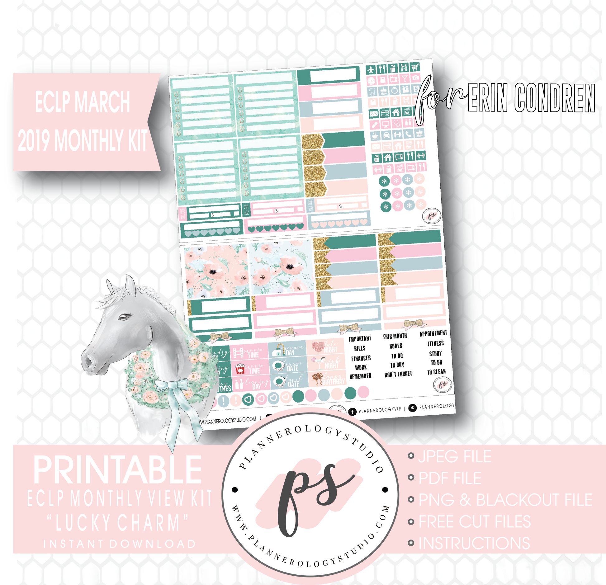 Lucky Charm St Patrick's Day March 2019 Monthly View Kit Digital Printable Planner Stickers (for use with Erin Condren) - Plannerologystudio