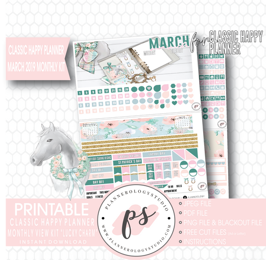 Lucky Charm St Patrick's Day March 2019 Monthly View Kit Digital Printable Planner Stickers (for use with Classic Happy Planner) - Plannerologystudio