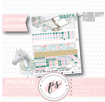 Lucky Charm St Patrick's Day March 2019 Monthly View Kit Digital Printable Planner Stickers (for use with Classic Happy Planner) - Plannerologystudio