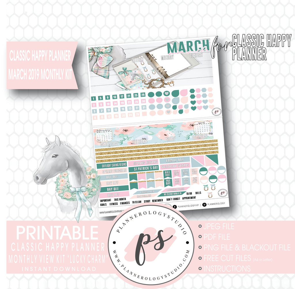 Lucky Charm St Patrick's Day March 2019 Monthly View Kit Digital Printable Planner Stickers (for use with Classic Happy Planner) - Plannerologystudio
