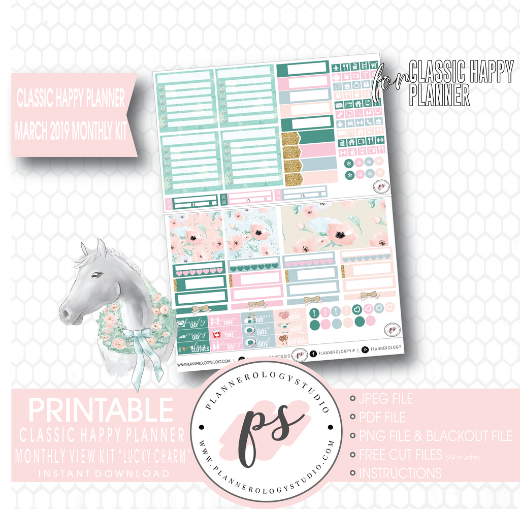 Lucky Charm St Patrick's Day March 2019 Monthly View Kit Digital Printable Planner Stickers (for use with Classic Happy Planner) - Plannerologystudio