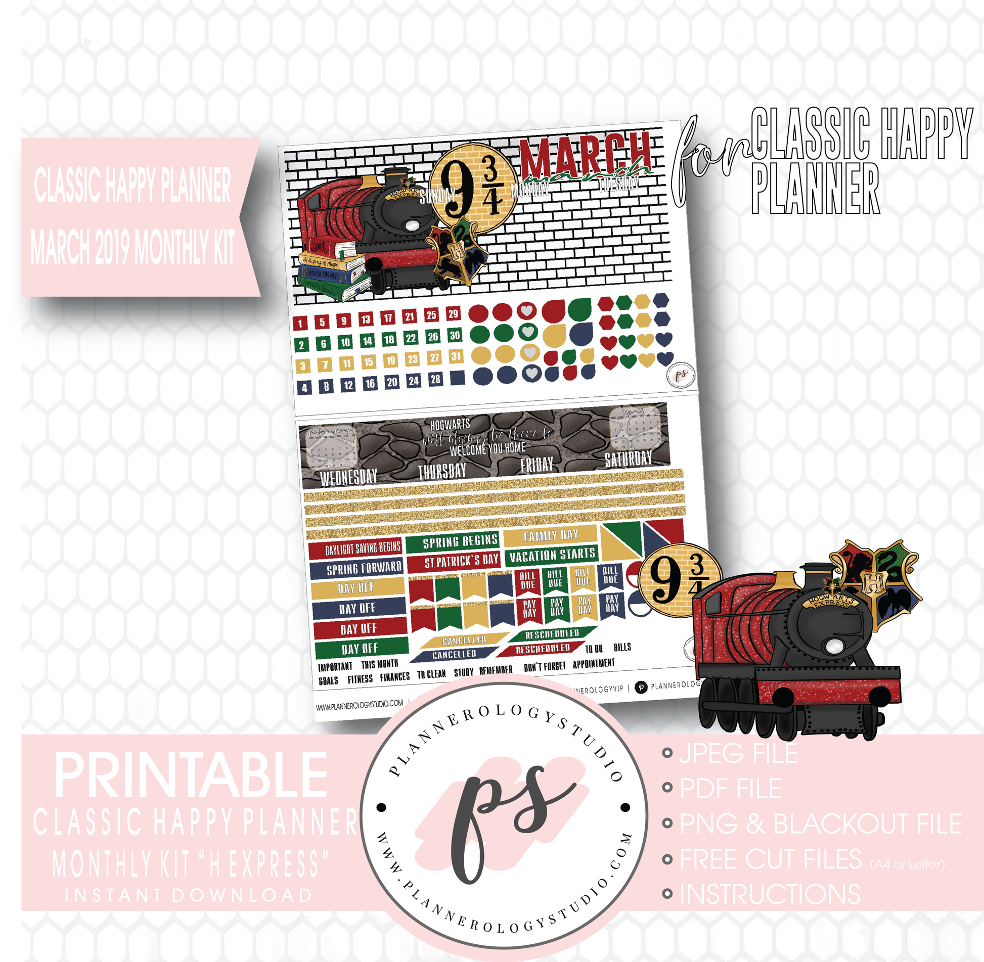 H Express (Harry Potter) March 2019 Monthly View Kit Digital Printable Planner Stickers (for use with Classic Happy Planner) - Plannerologystudio