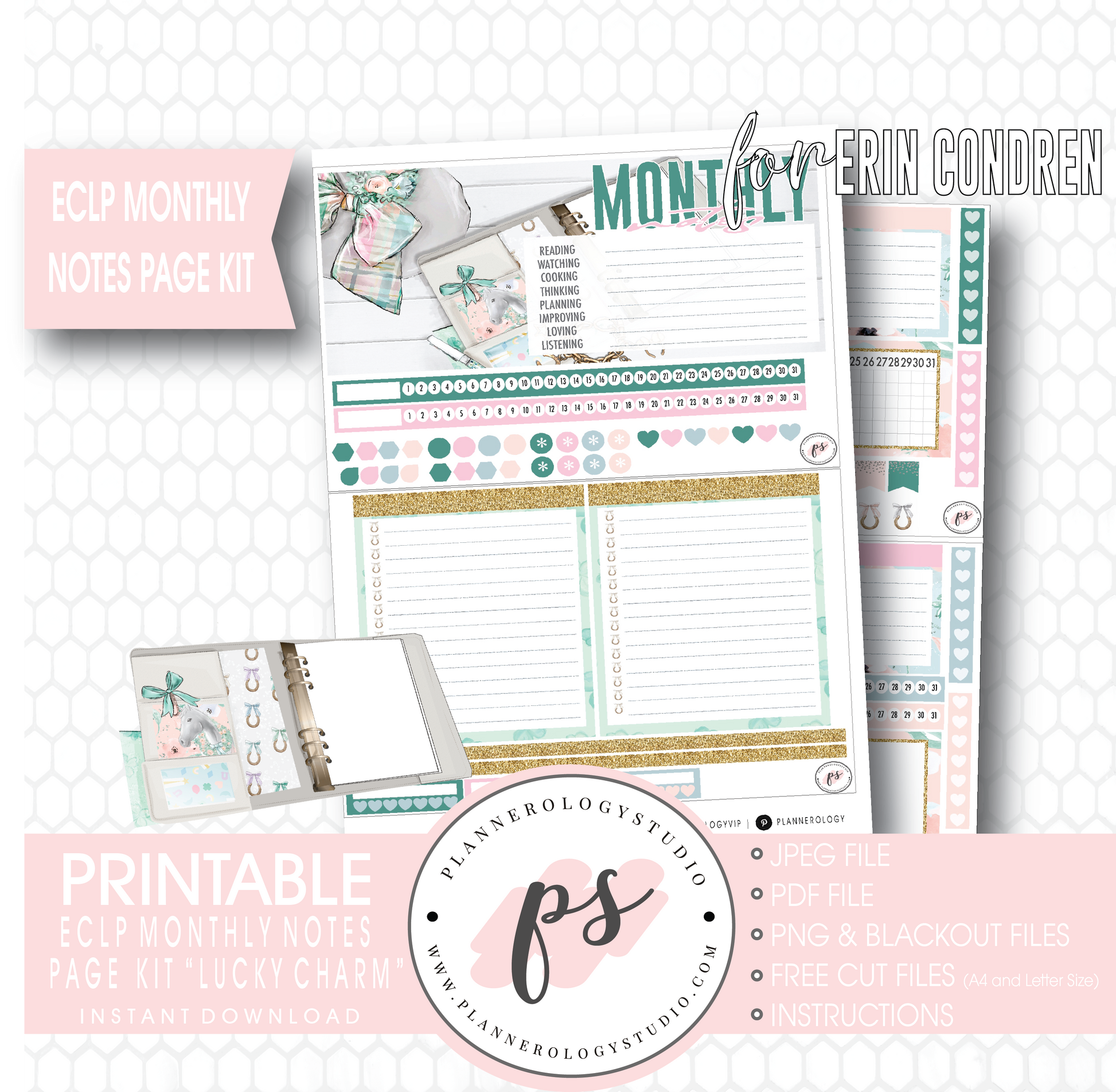 Lucky Charm (St. Patrick's Day) Monthly Notes Page Kit Digital Printable Planner Stickers (for use with Erin Condren) - Plannerologystudio