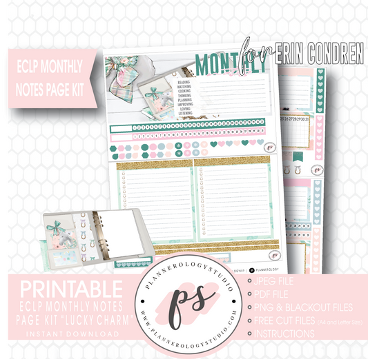 Lucky Charm (St. Patrick's Day) Monthly Notes Page Kit Digital Printable Planner Stickers (for use with Erin Condren) - Plannerologystudio