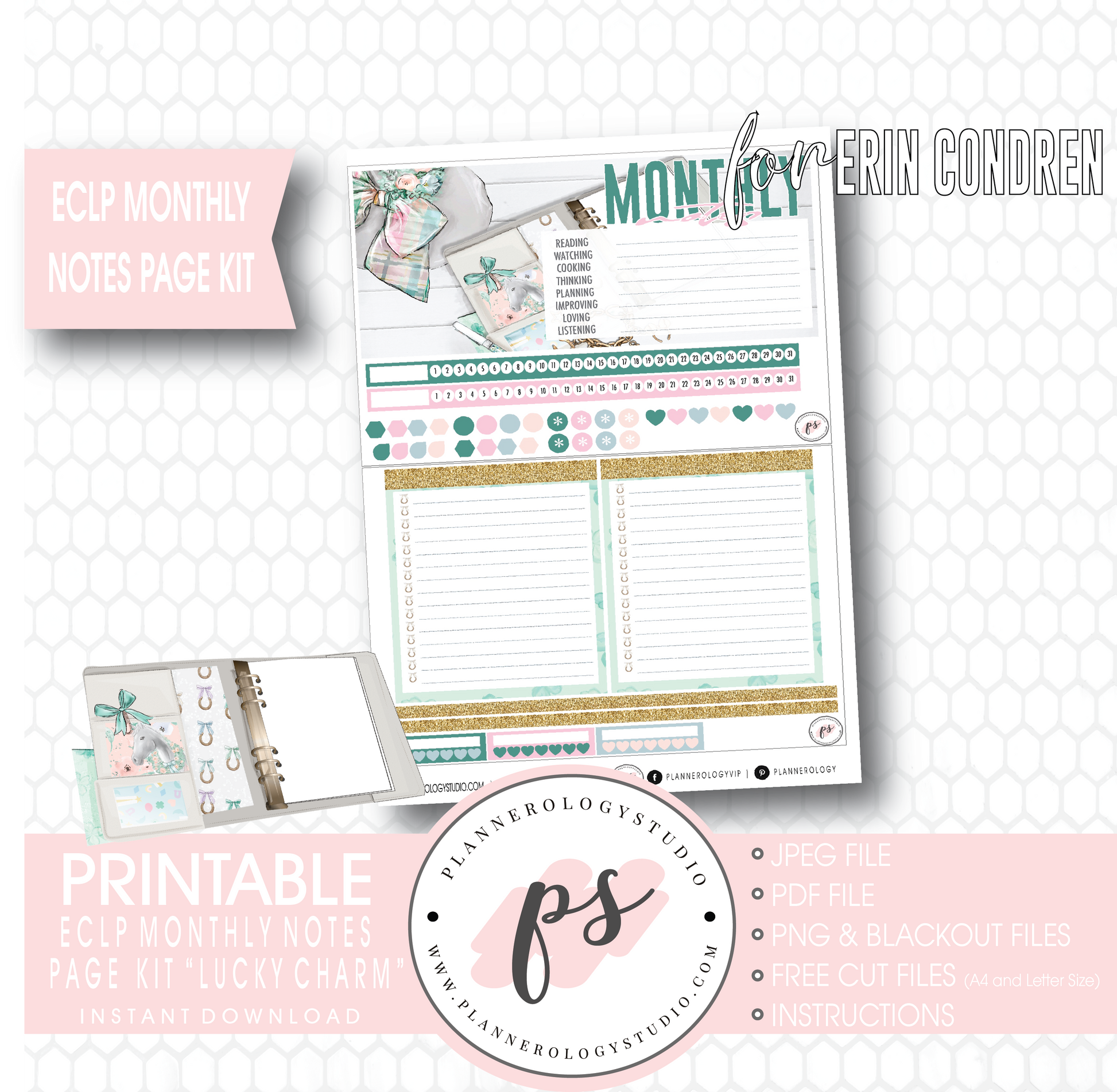 Lucky Charm (St. Patrick's Day) Monthly Notes Page Kit Digital Printable Planner Stickers (for use with Erin Condren) - Plannerologystudio