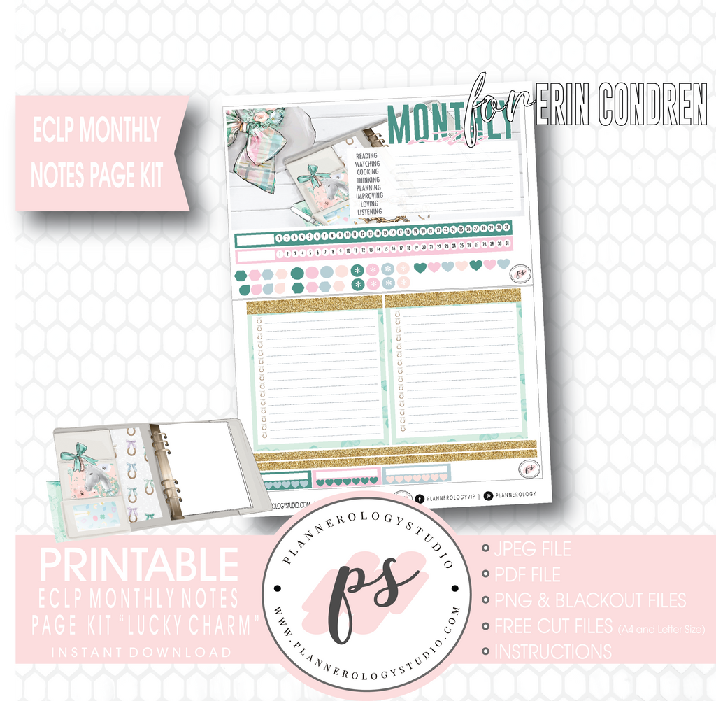 Lucky Charm (St. Patrick's Day) Monthly Notes Page Kit Digital Printable Planner Stickers (for use with Erin Condren) - Plannerologystudio