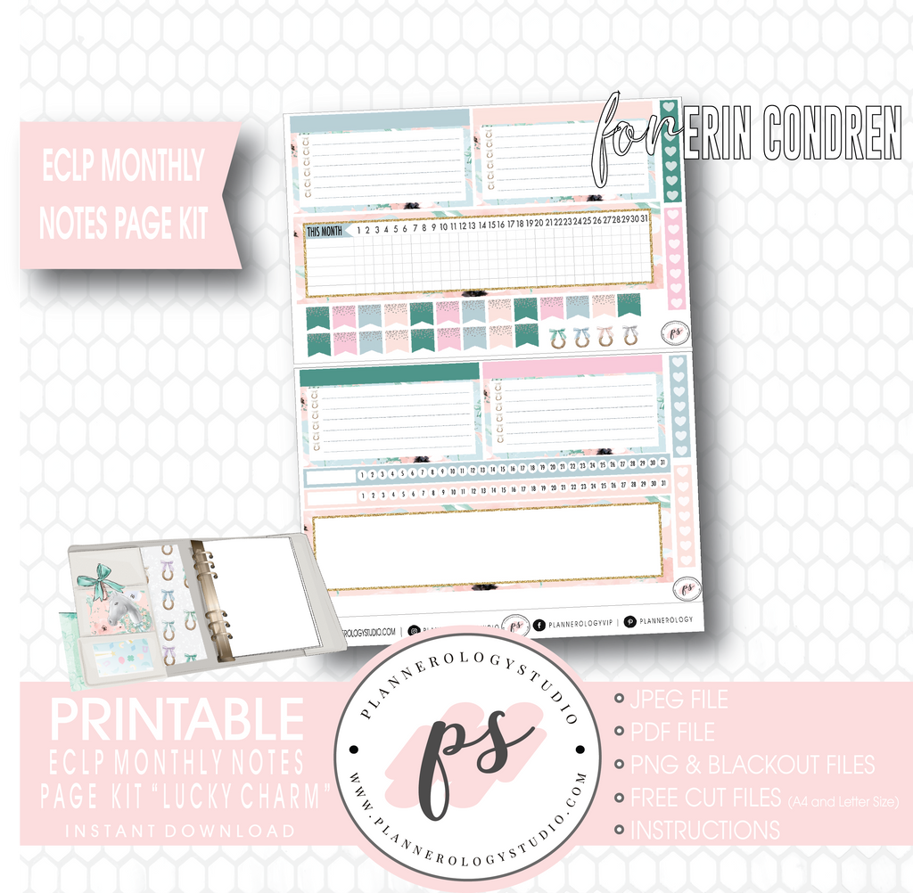 Lucky Charm (St. Patrick's Day) Monthly Notes Page Kit Digital Printable Planner Stickers (for use with Erin Condren) - Plannerologystudio