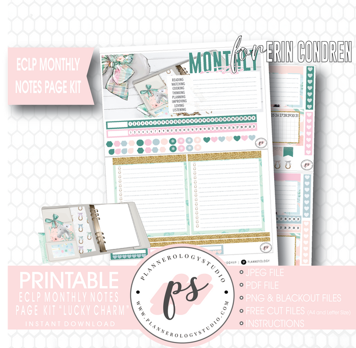 Lucky Charm (St. Patrick's Day) Monthly Notes Page Kit Digital Printable Planner Stickers (for use with Erin Condren) - Plannerologystudio