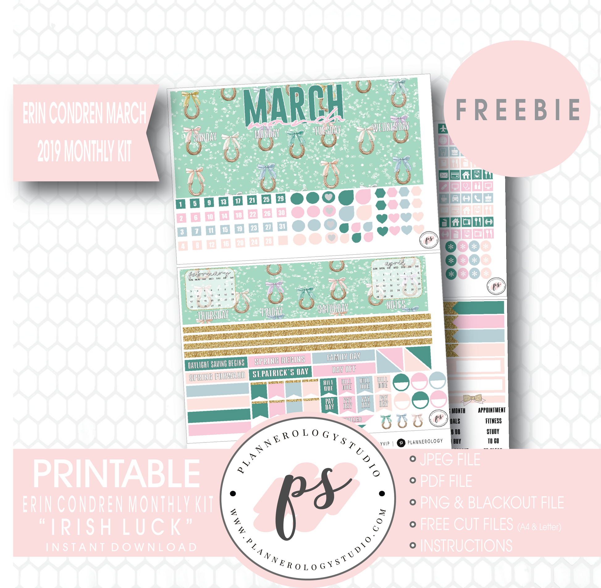 Irish Luck (St. Patrick's Day) ECLP Erin Condren March 2019 Monthly Kit Digital Printable Planner Stickers (PDF/JPG/PNG/Cut File Freebie) - Plannerologystudio