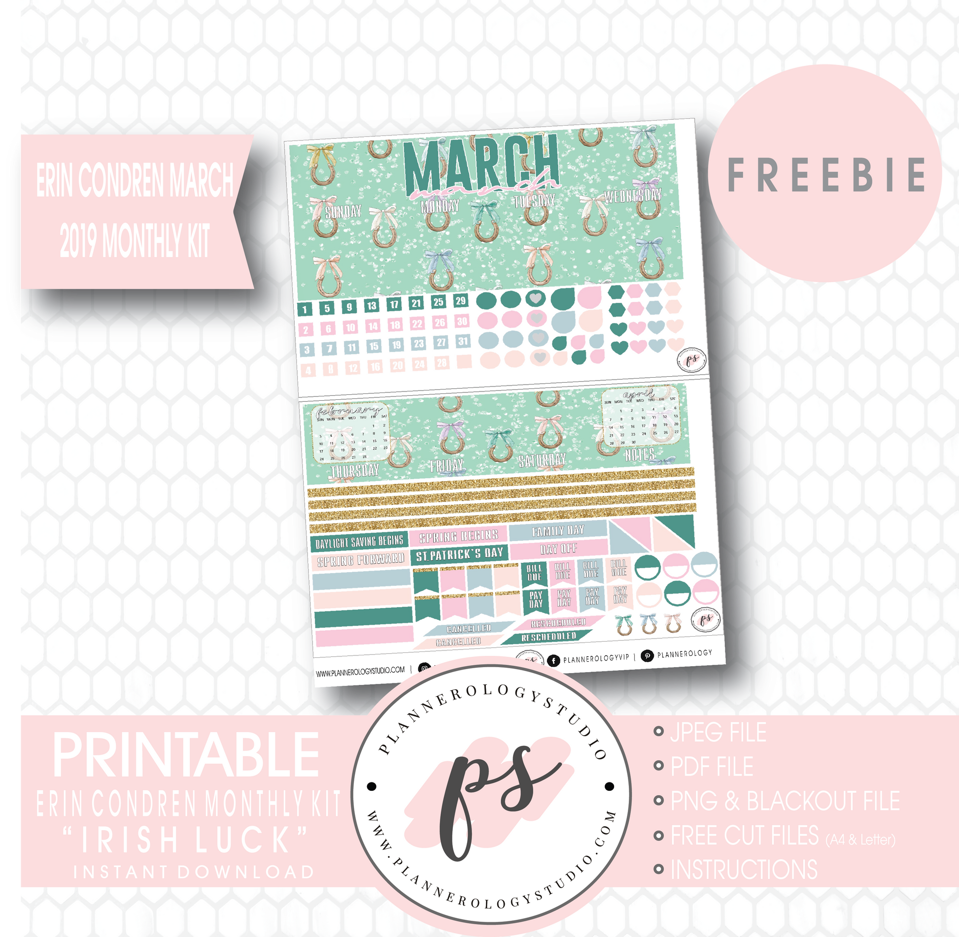 Irish Luck (St. Patrick's Day) ECLP Erin Condren March 2019 Monthly Kit Digital Printable Planner Stickers (PDF/JPG/PNG/Cut File Freebie) - Plannerologystudio