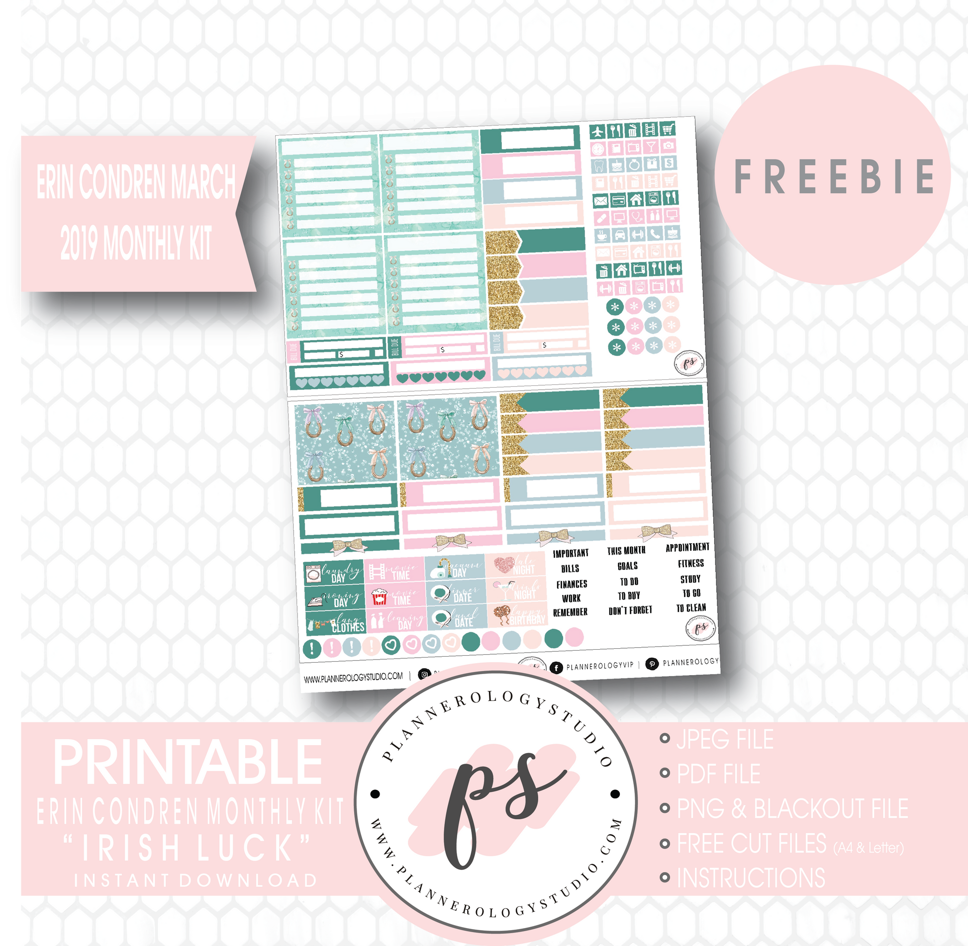 Irish Luck (St. Patrick's Day) ECLP Erin Condren March 2019 Monthly Kit Digital Printable Planner Stickers (PDF/JPG/PNG/Cut File Freebie) - Plannerologystudio