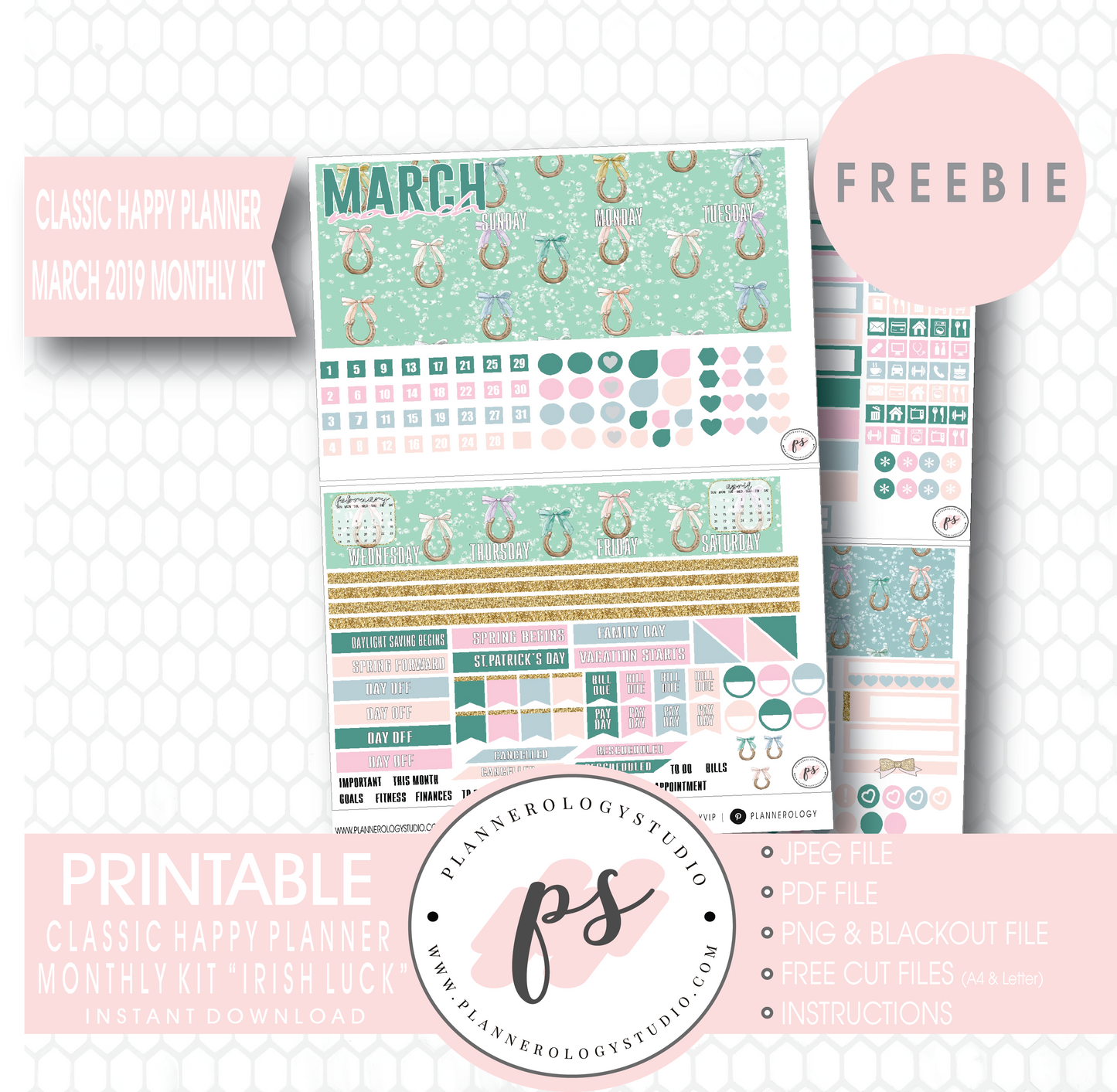 Irish Luck (St. Patrick's Day) Classic Happy Planner March 2019 Monthly Kit Digital Printable Planner Stickers (PDF/JPG/PNG/Cut File Freebie) - Plannerologystudio