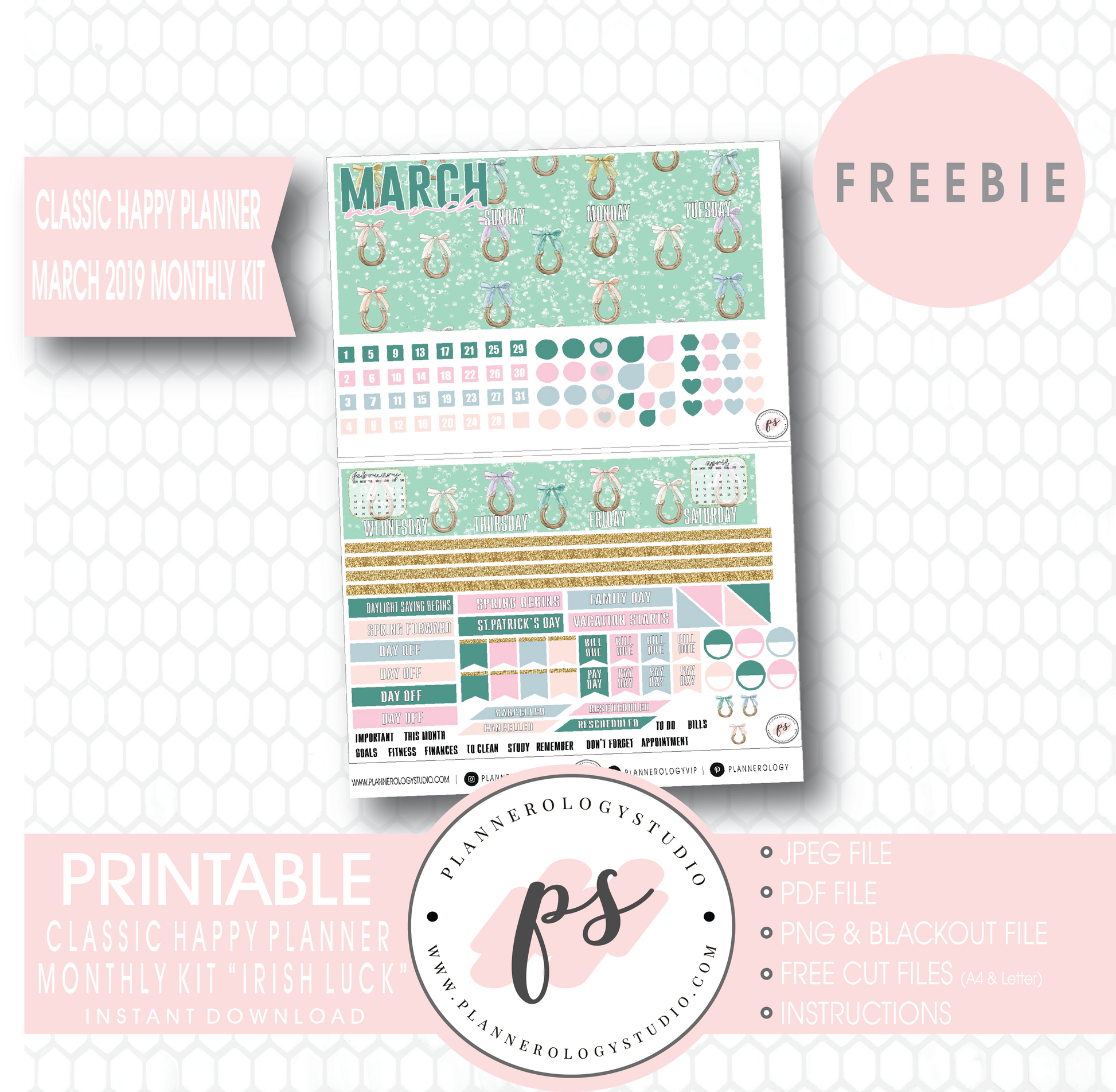 Irish Luck (St. Patrick's Day) Classic Happy Planner March 2019 Monthly Kit Digital Printable Planner Stickers (PDF/JPG/PNG/Cut File Freebie) - Plannerologystudio