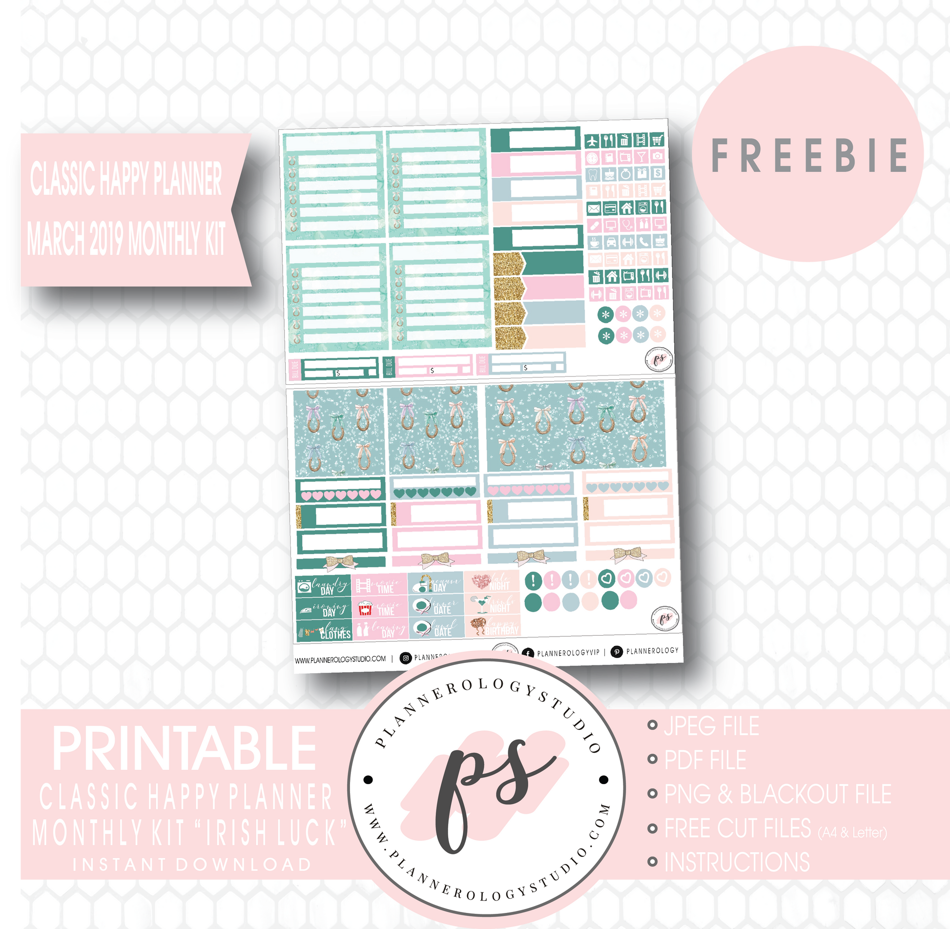 Irish Luck (St. Patrick's Day) Classic Happy Planner March 2019 Monthly Kit Digital Printable Planner Stickers (PDF/JPG/PNG/Cut File Freebie) - Plannerologystudio