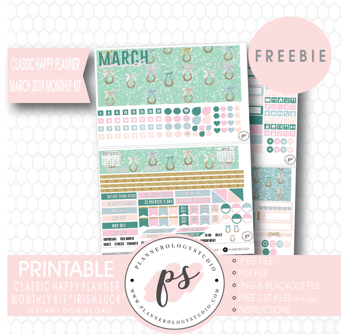 Irish Luck (St. Patrick's Day) Classic Happy Planner March 2019 Monthly Kit Digital Printable Planner Stickers (PDF/JPG/PNG/Cut File Freebie) - Plannerologystudio