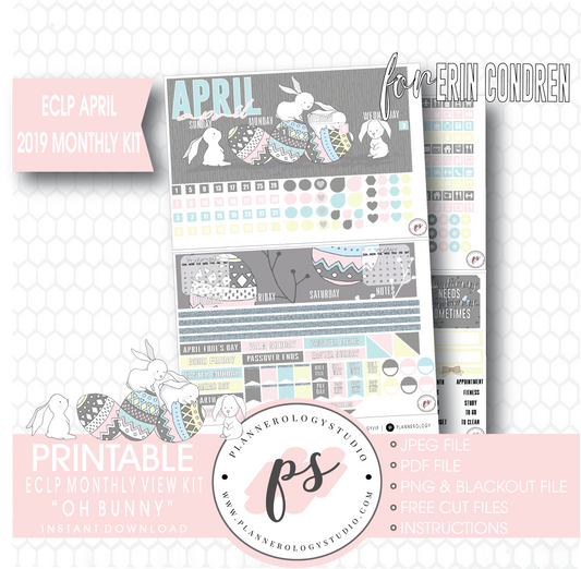 Oh Bunny April Easter 2019 Monthly View Kit Digital Printable Planner Stickers (for use with Erin Condren) - Plannerologystudio