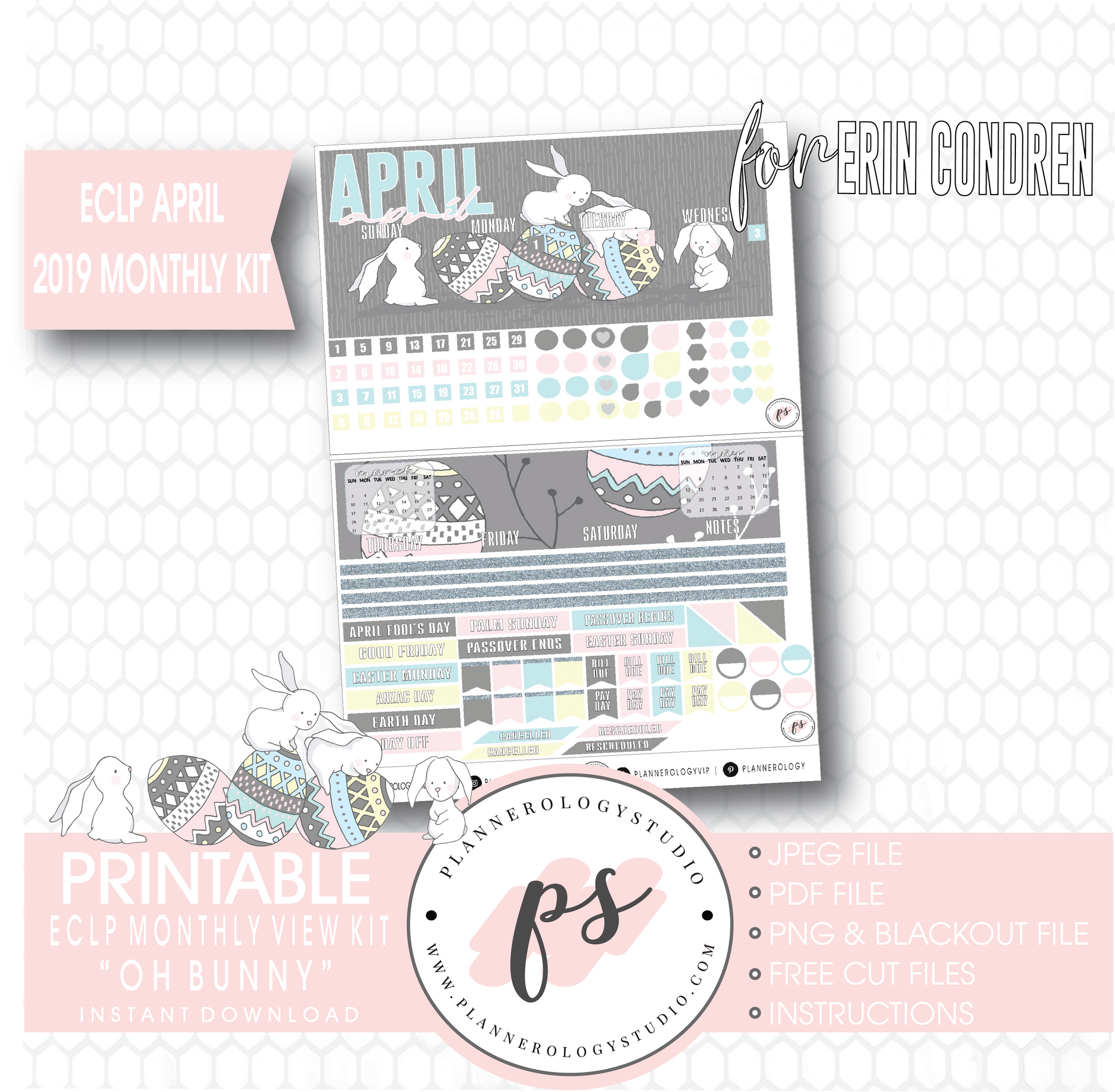 Oh Bunny April Easter 2019 Monthly View Kit Digital Printable Planner Stickers (for use with Erin Condren) - Plannerologystudio