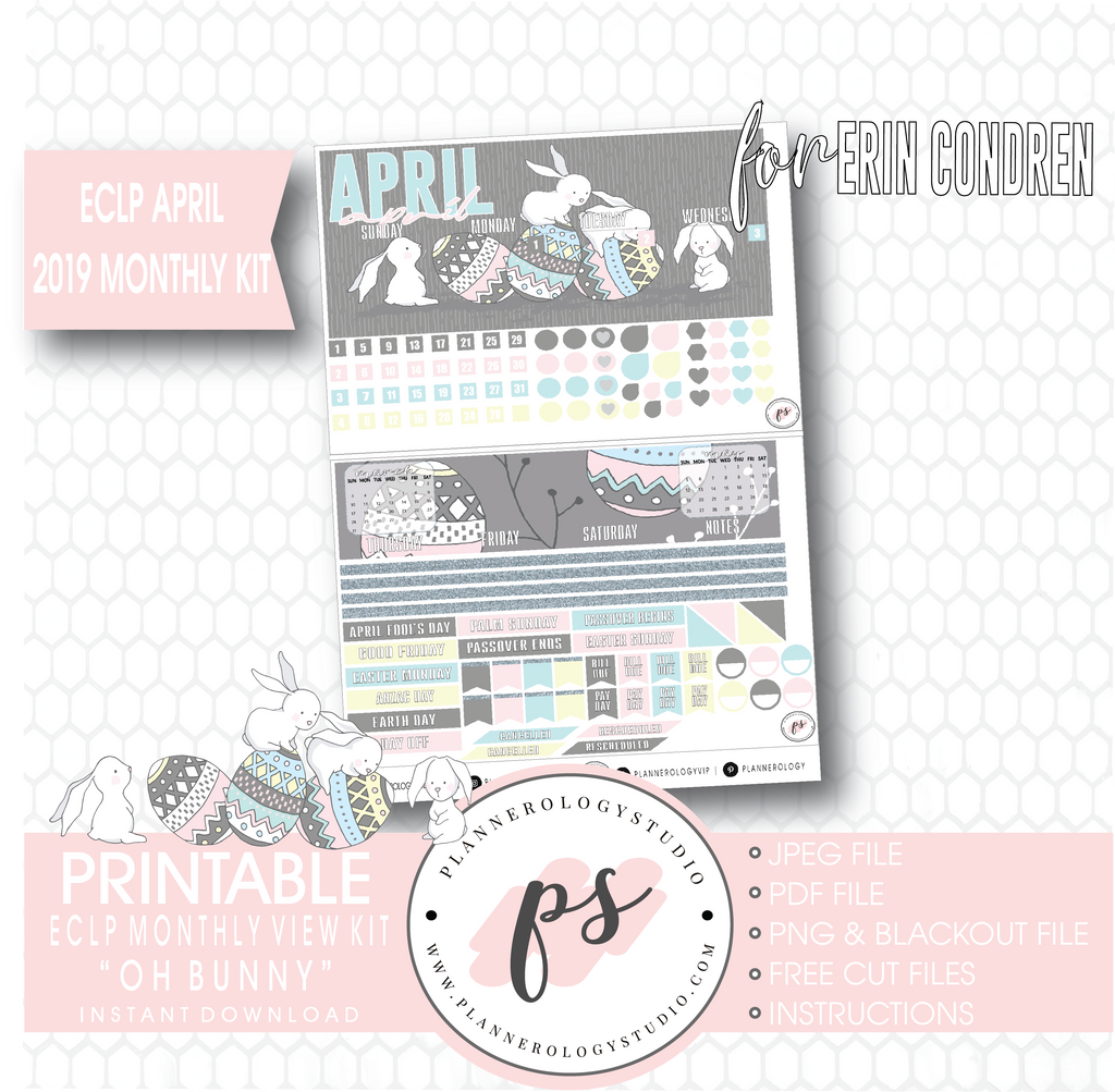 Oh Bunny April Easter 2019 Monthly View Kit Digital Printable Planner Stickers (for use with Erin Condren) - Plannerologystudio