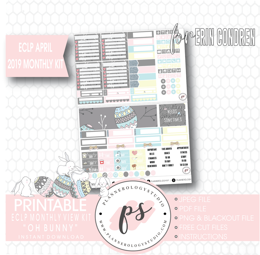 Oh Bunny April Easter 2019 Monthly View Kit Digital Printable Planner Stickers (for use with Erin Condren) - Plannerologystudio